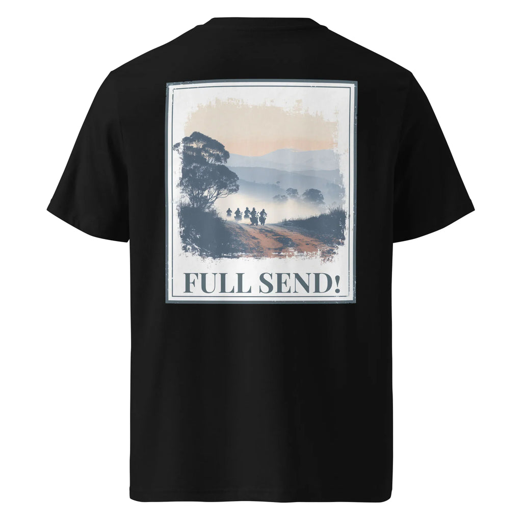 Black organic tee, back print with landscape scene and “FULL SEND!” text