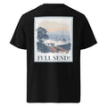 Black organic tee, back print with landscape scene and “FULL SEND!” text