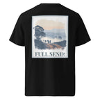 Black organic tee, back print with landscape scene and “FULL SEND!” text