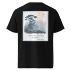 Organic tee, back view, framed landscape graphic, black