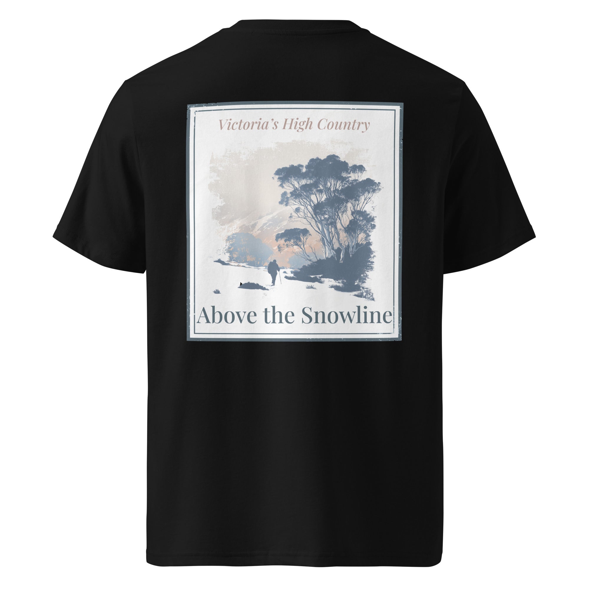 Black organic tee, back print with scenic “Above the Snowline” graphic