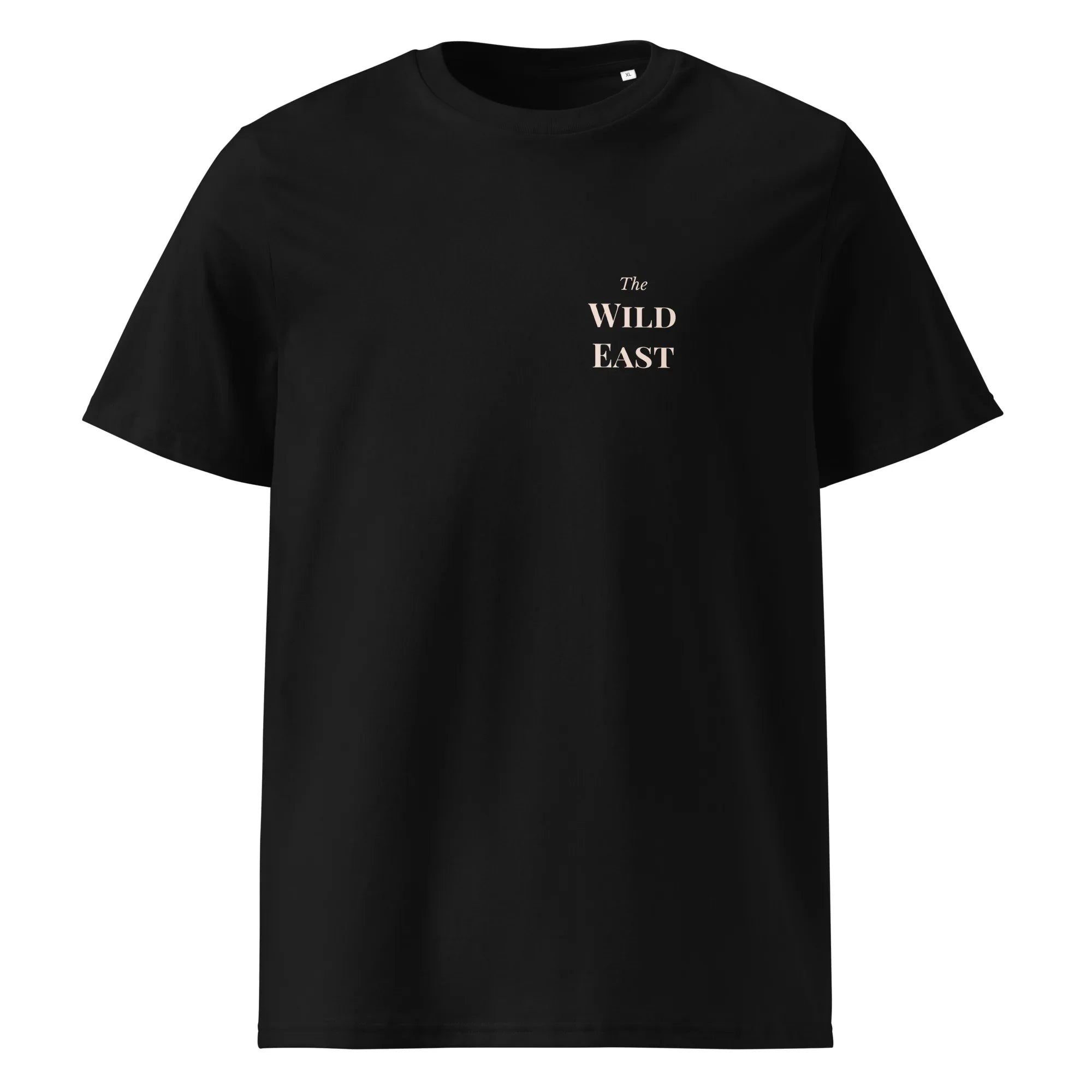 Black organic tee front with small chest text: “The Wild East”