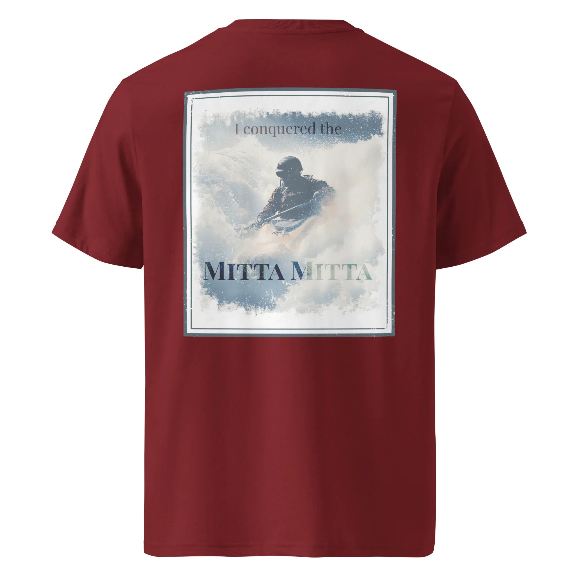 Organic Tee, burgundy back graphic with rider and 'Mitta Mitta'