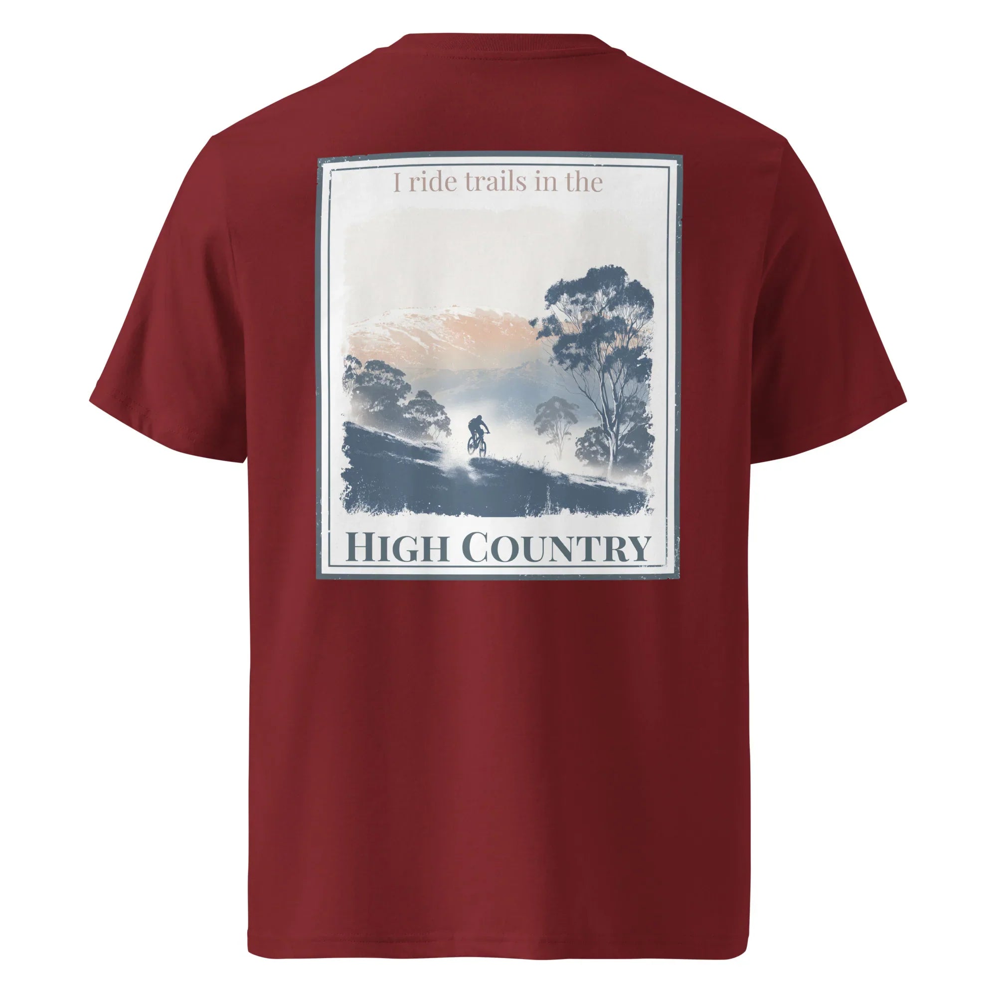 Camiseta granate con gráfico trasero “I ride trails… HIGH COUNTRY”