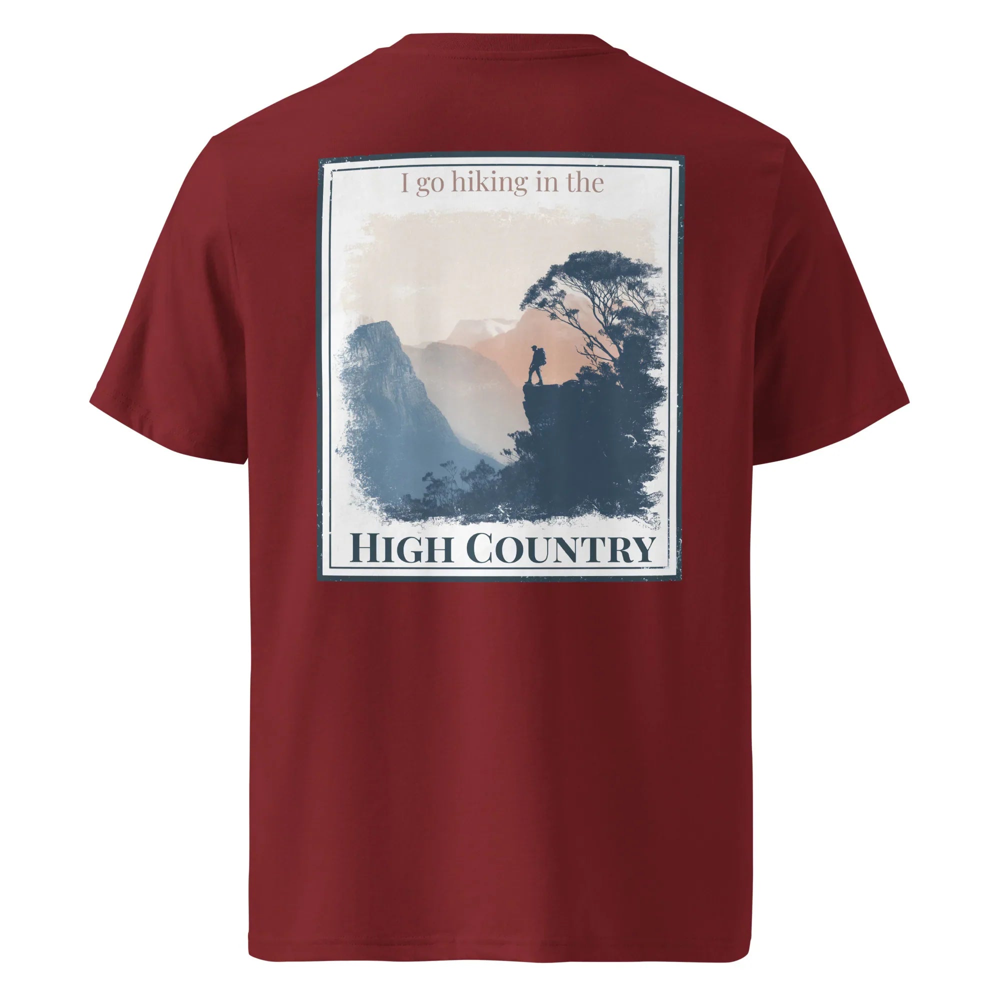 Burgundy T-shirt with “High Country” hiking graphic on the back
