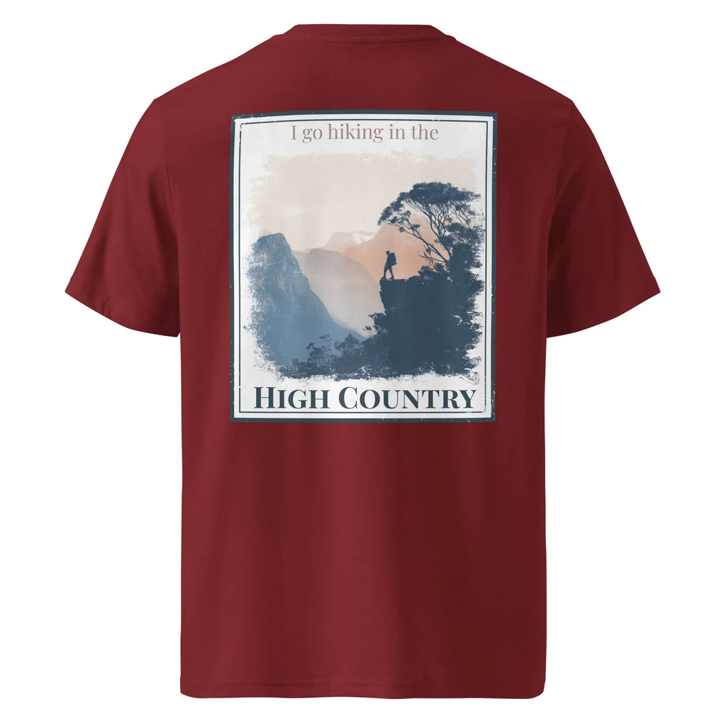 Burgundy organic tee with back graphic print and “HIGH COUNTRY” text