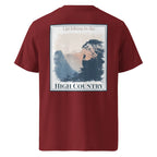 Burgundy organic tee with back graphic print and “HIGH COUNTRY” text