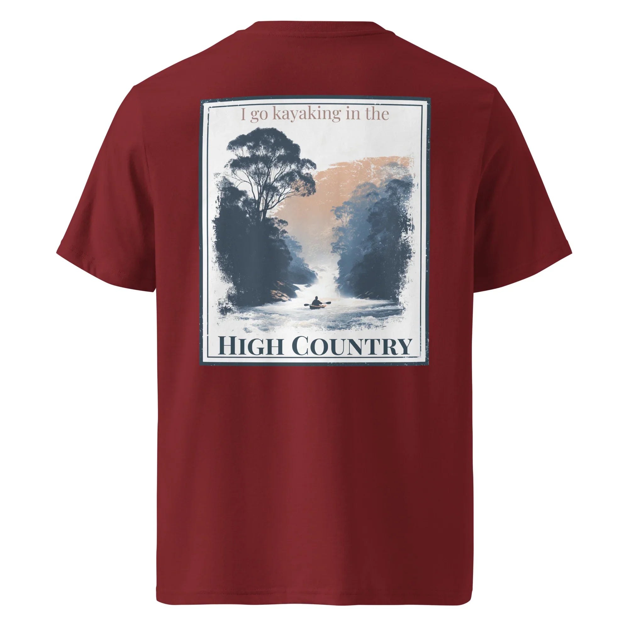 Burgundy organic tee, back graphic with kayak scene and 'HIGH COUNTRY'