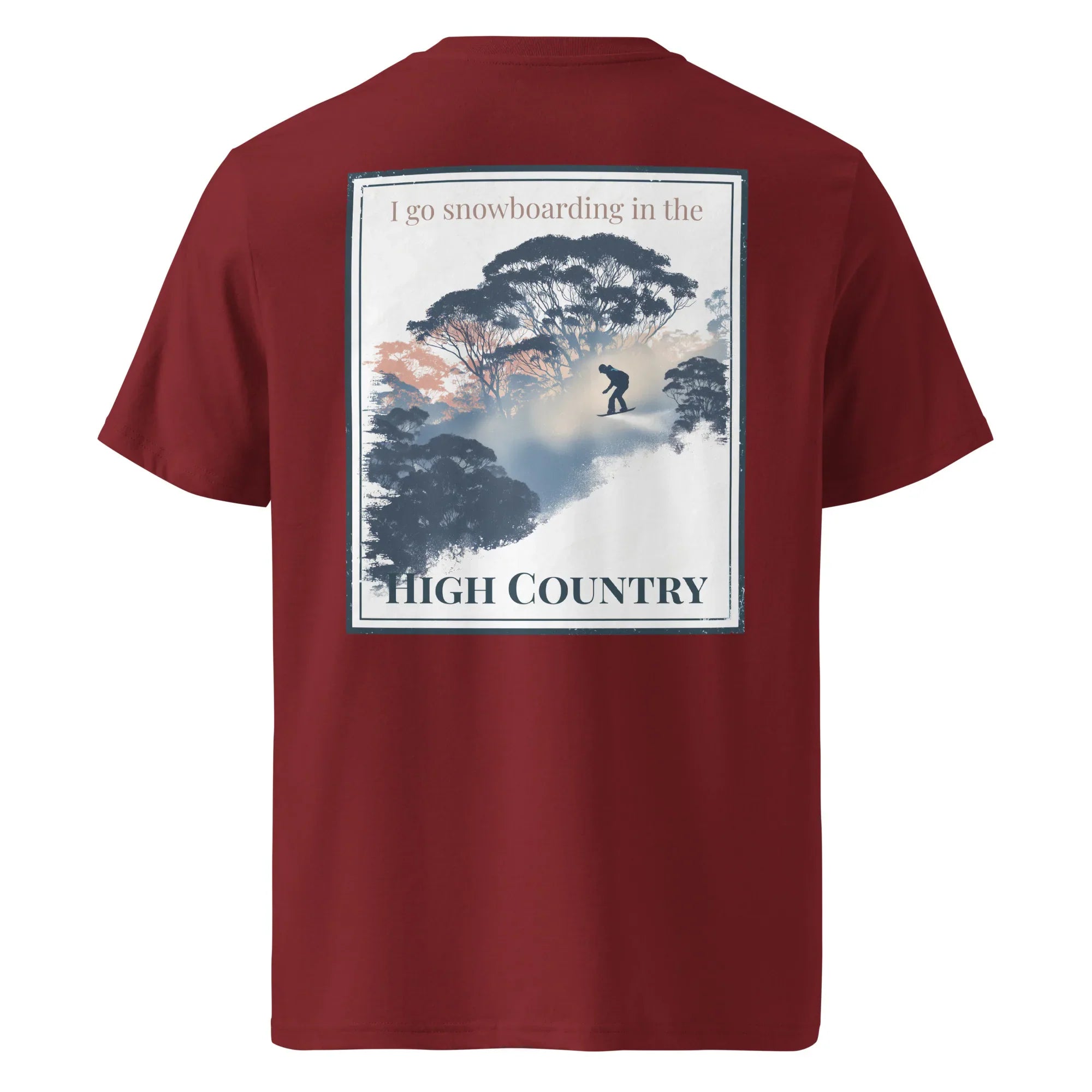 Burgundy organic tee with back 'High Country' snowboard graphic