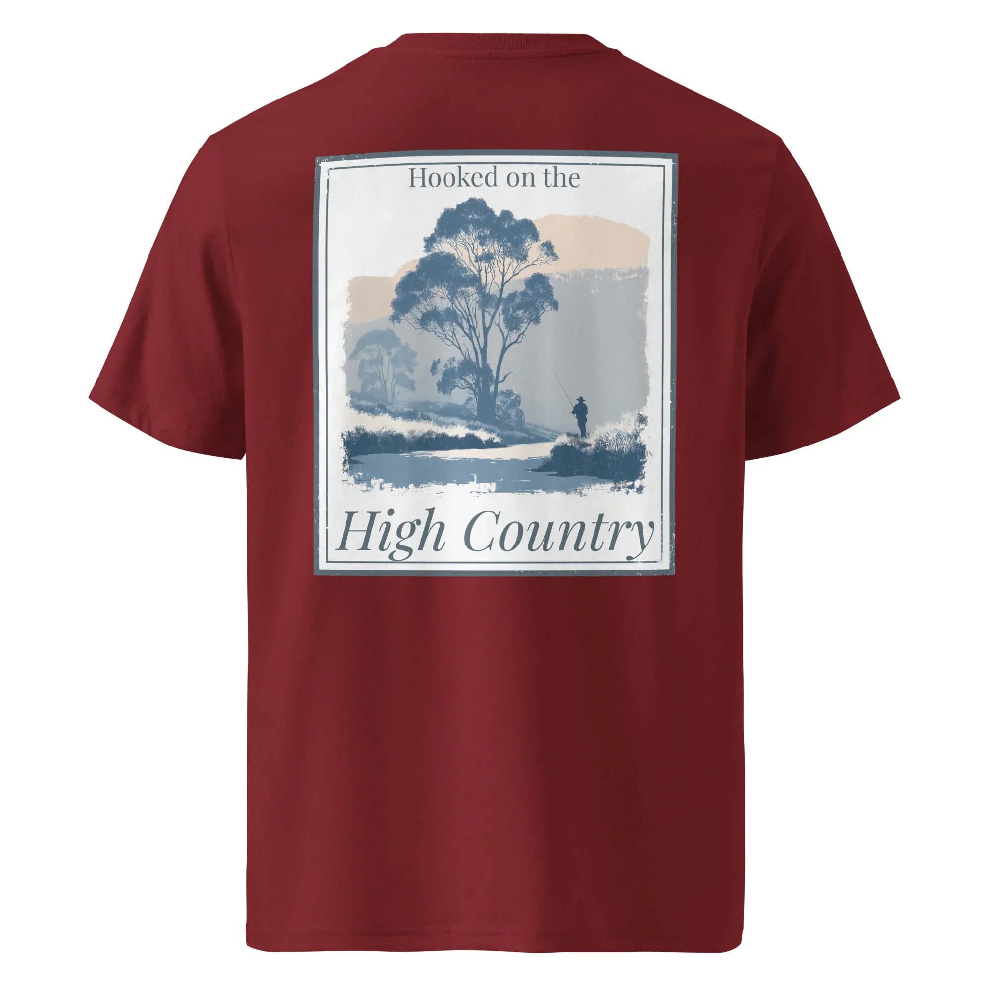 Burgundy organic tee with back “High Country” landscape graphic