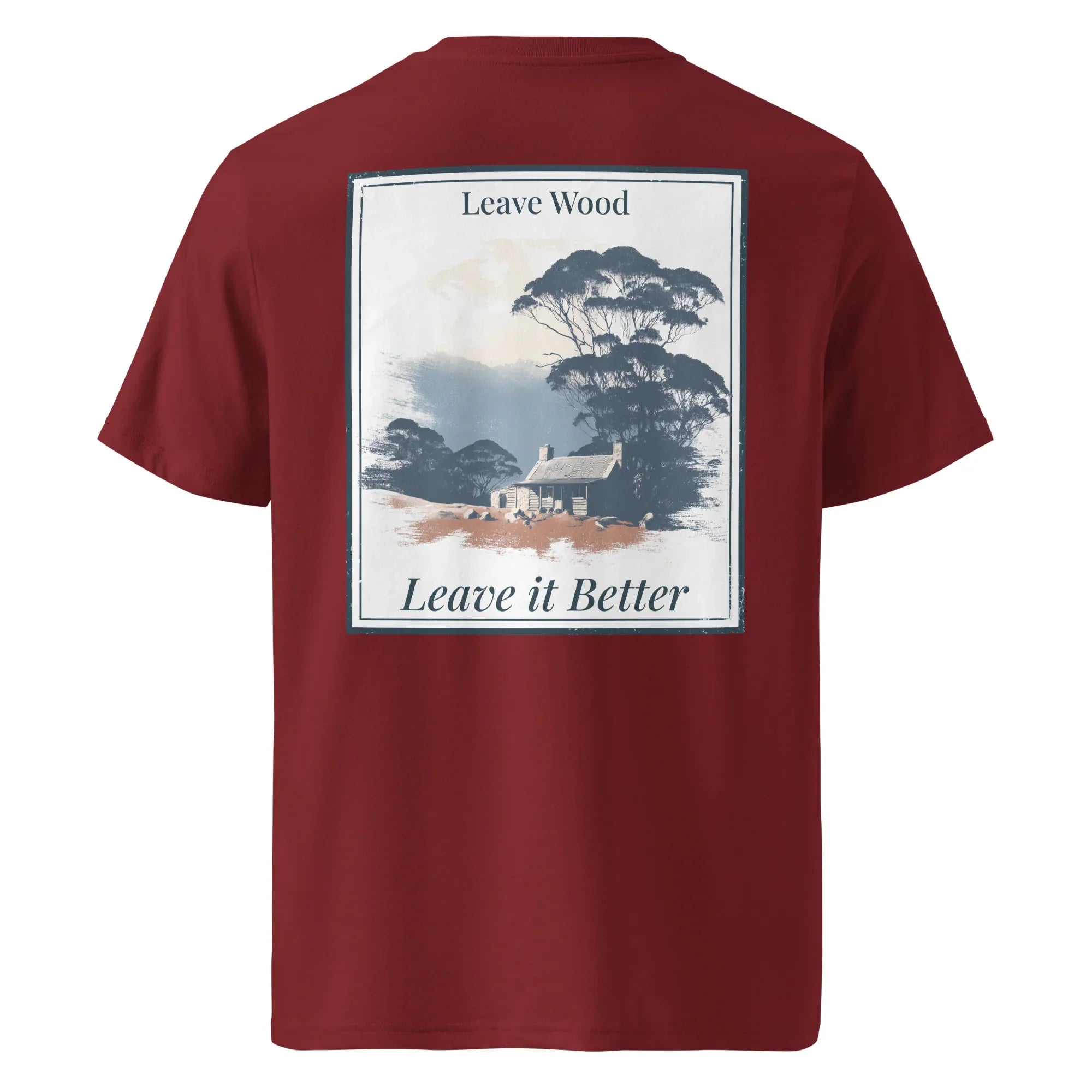 Burgundy Organic Tee with back “Leave it Better” Leave Wood graphic