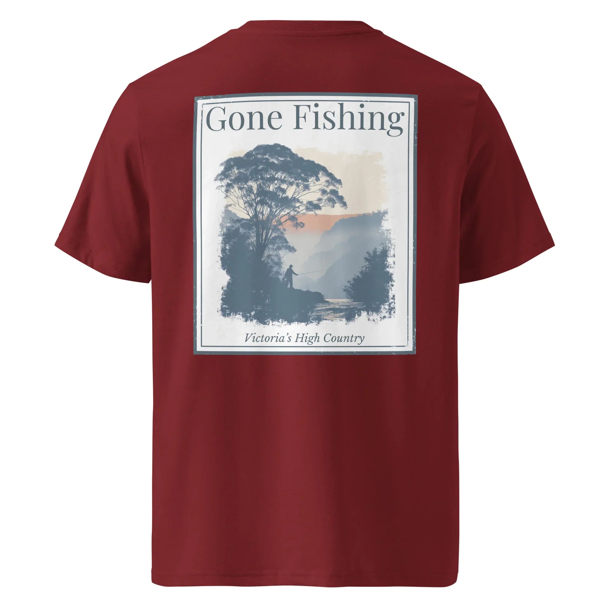 Burgunderrotes T-Shirt mit „Gone Fishing“-Druck auf dem Rücken