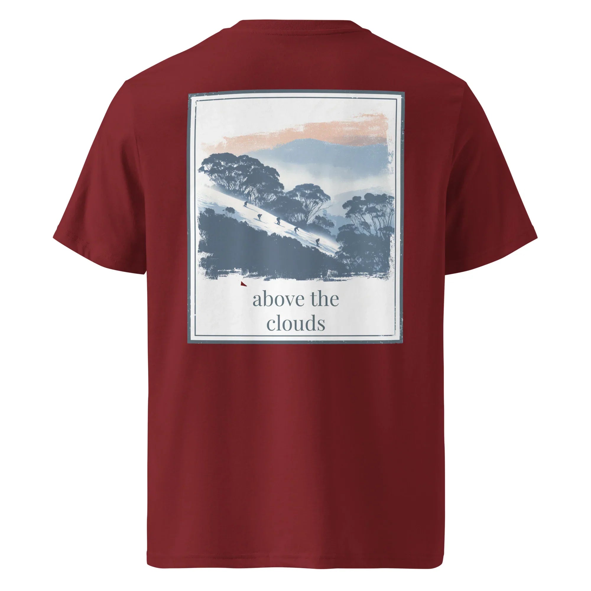 Burgundy organic tee with back square landscape graphic and “above the clouds”