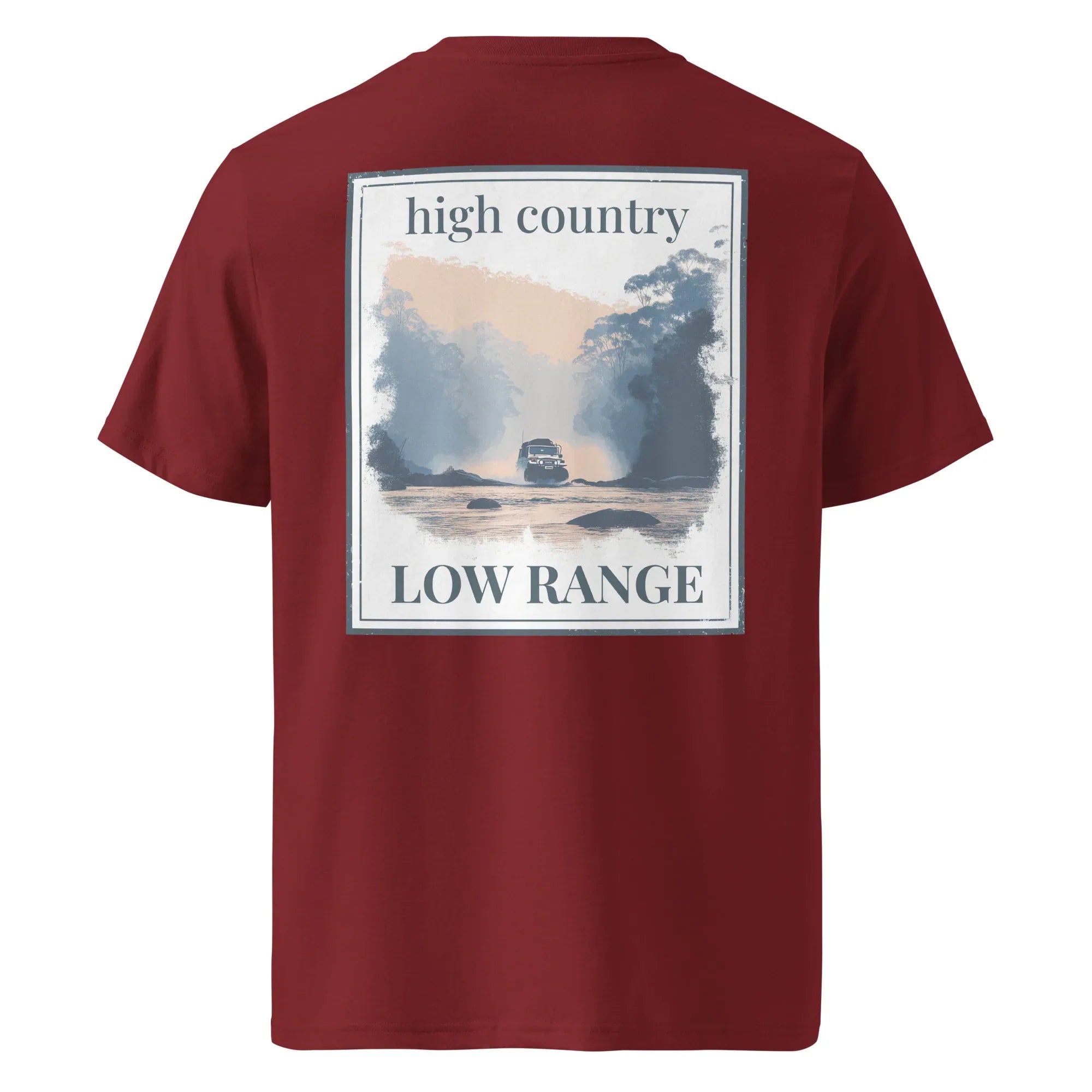 Organic Tee in Burgundy, back graphic print with “high country” and “LOW RANGE”