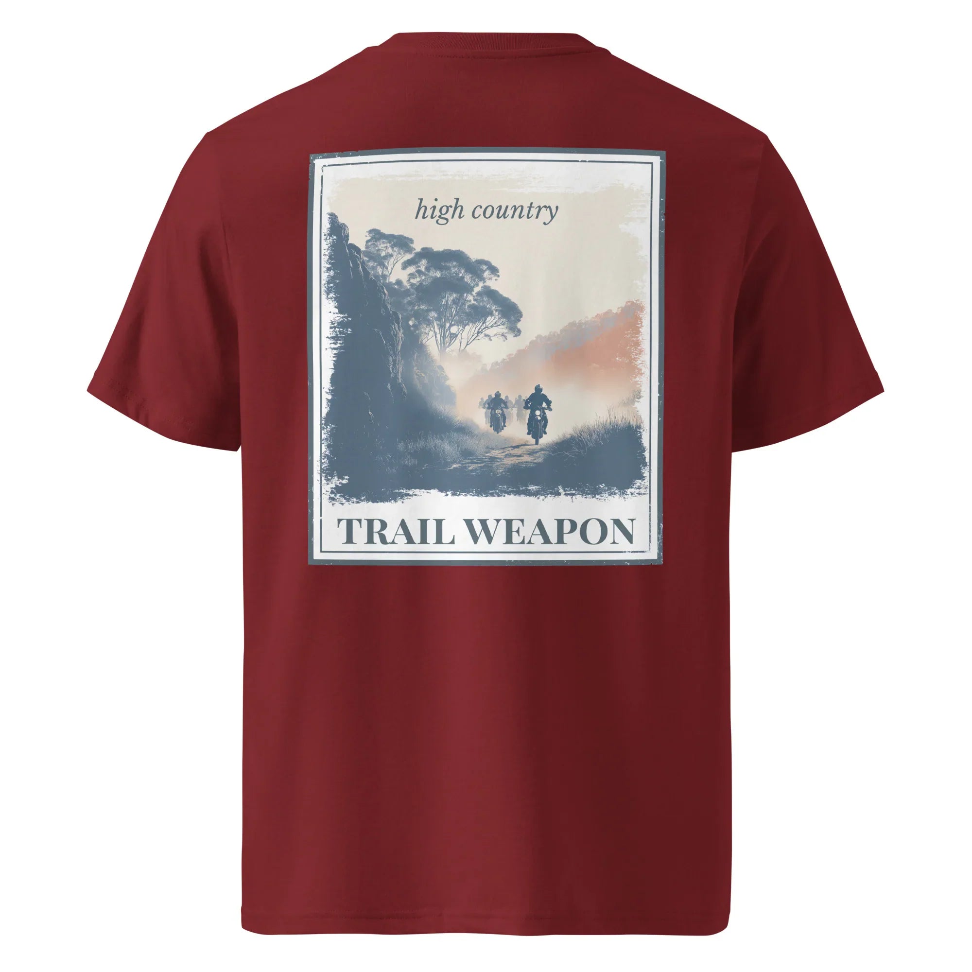 Organic Tee "Trail Weapon" back print, burgundy crew neck
