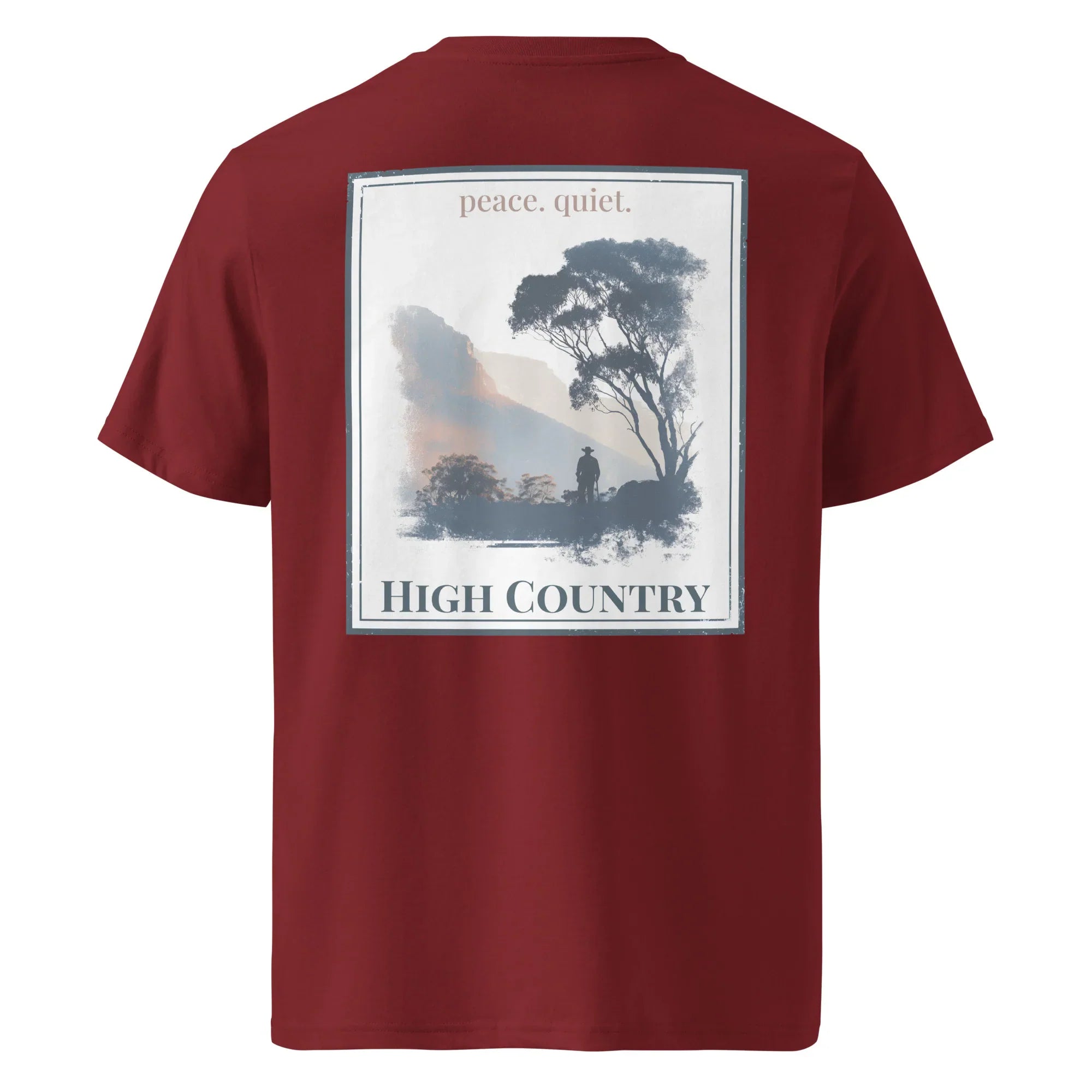 Burgundy organic tee, back “peace quiet” “High Country” landscape graphic