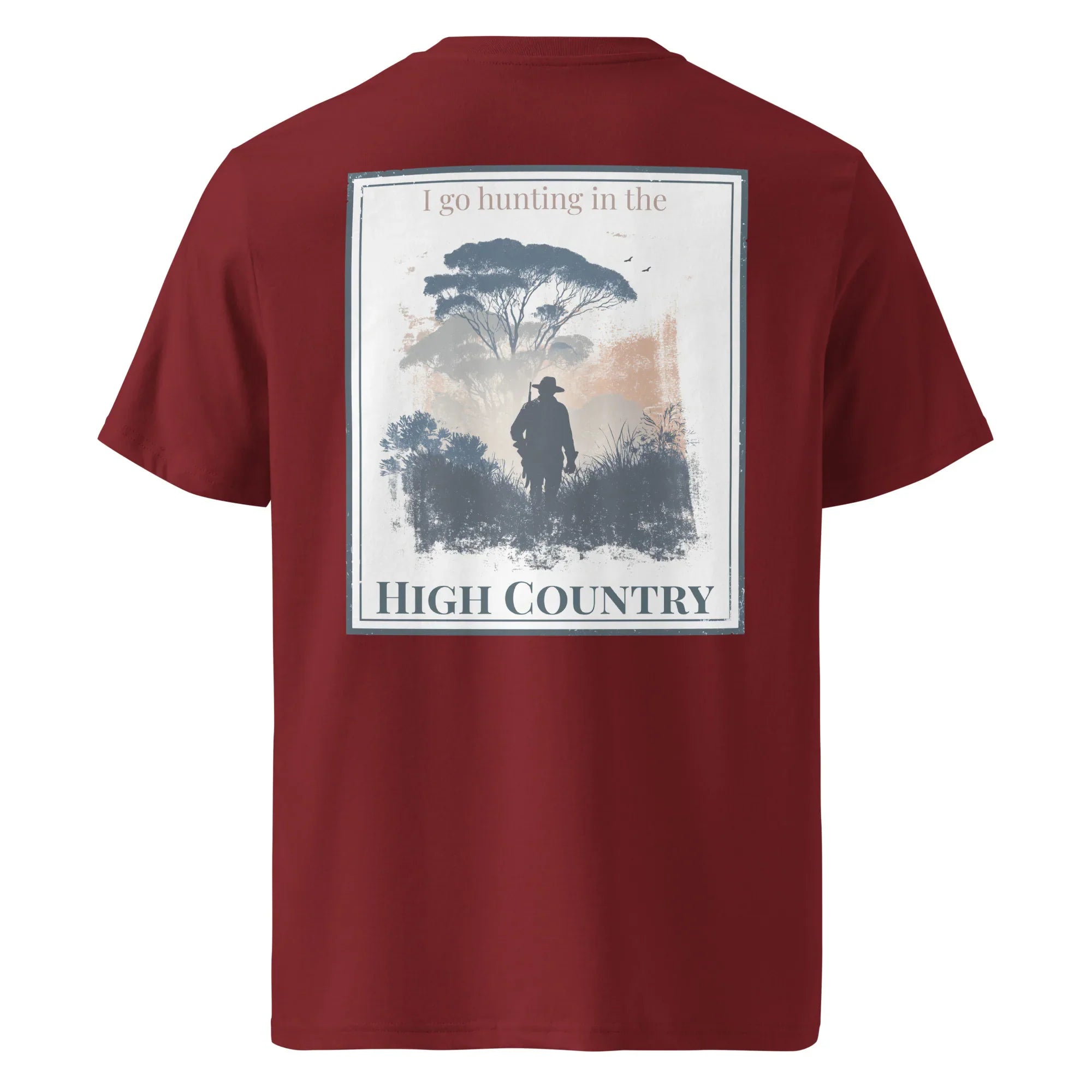 T-shirt bordeaux avec grand imprimé “High Country” et silhouette de chasseur