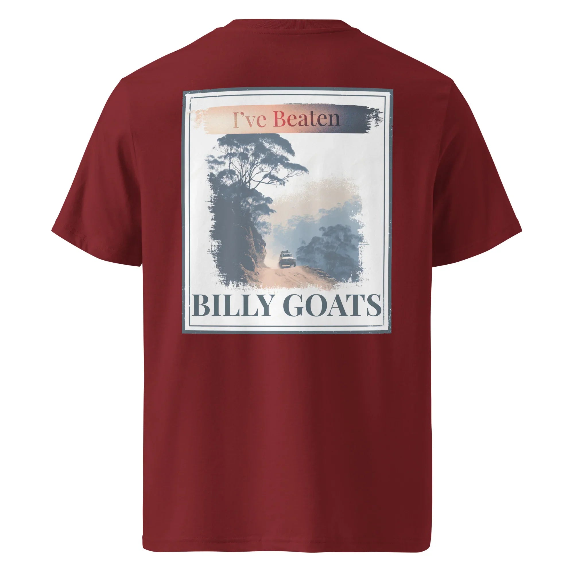 Organic tee back graphic 'Billy Goats' on burgundy