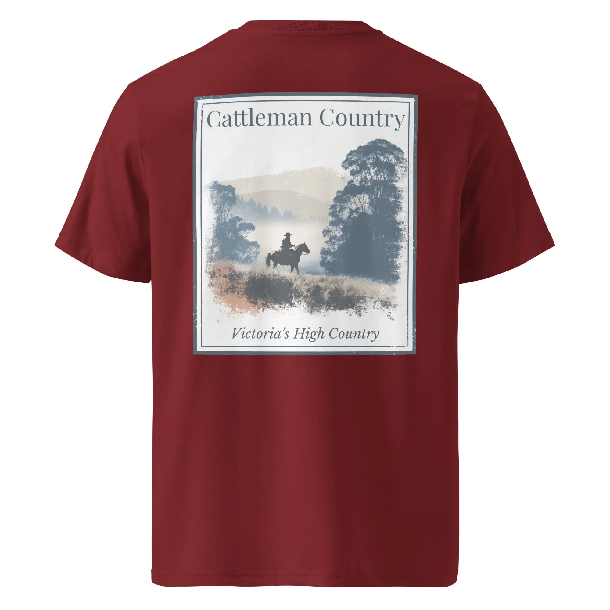 Organic Tee Cattleman Country, burgundy crewneck with back graphic “Victoria’s High Country”