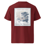 Burgundy organic tee, back print with scenic “Above the Snowline” graphic