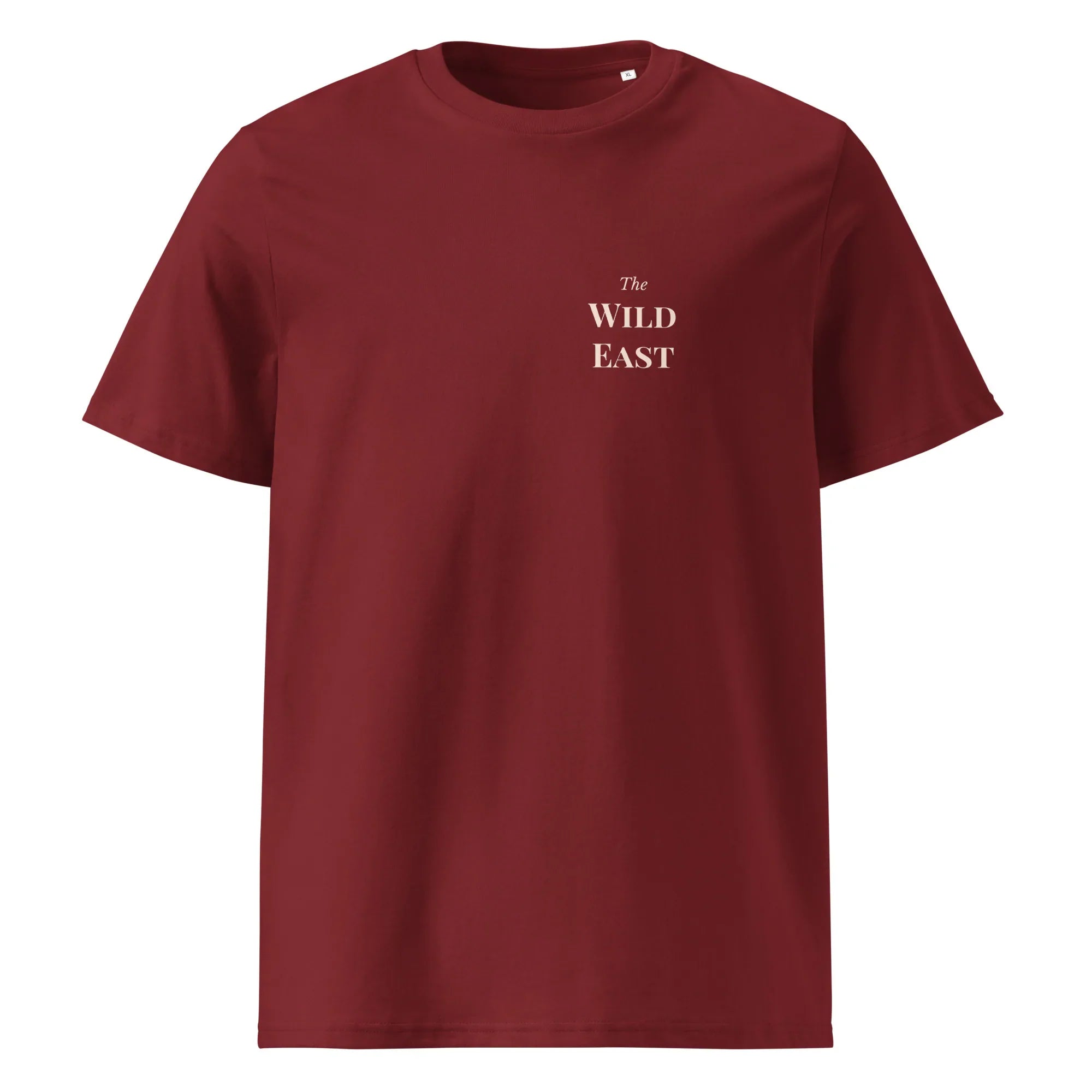 Burgundy organic tee, front “The Wild East” logo on chest