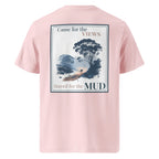 Organic tee, cotton pink, back view with rectangular photo-style graphic and “MUD” text