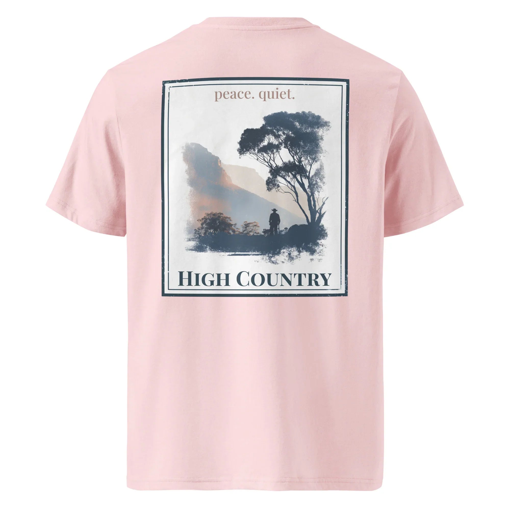Organic Tee High Country, pale pink; back graphic with tree and “peace. quiet.”