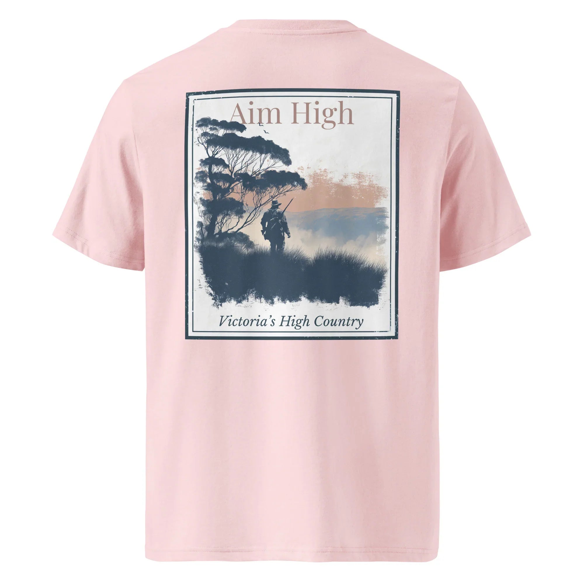 Organic Aim High tee, pink, back print with framed landscape graphic