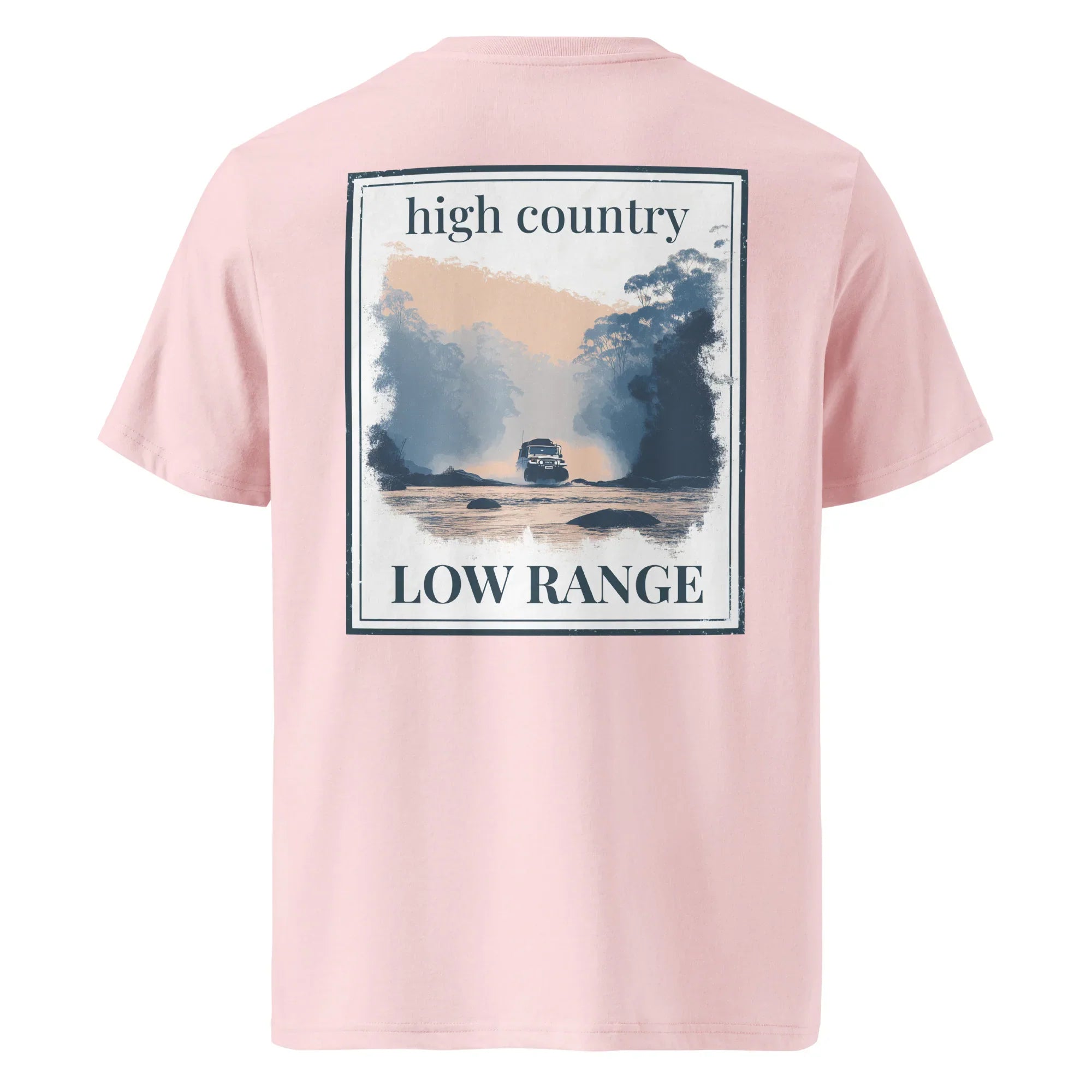Organic tee in Cotton Pink, back graphic reading “high country” and “LOW RANGE”
