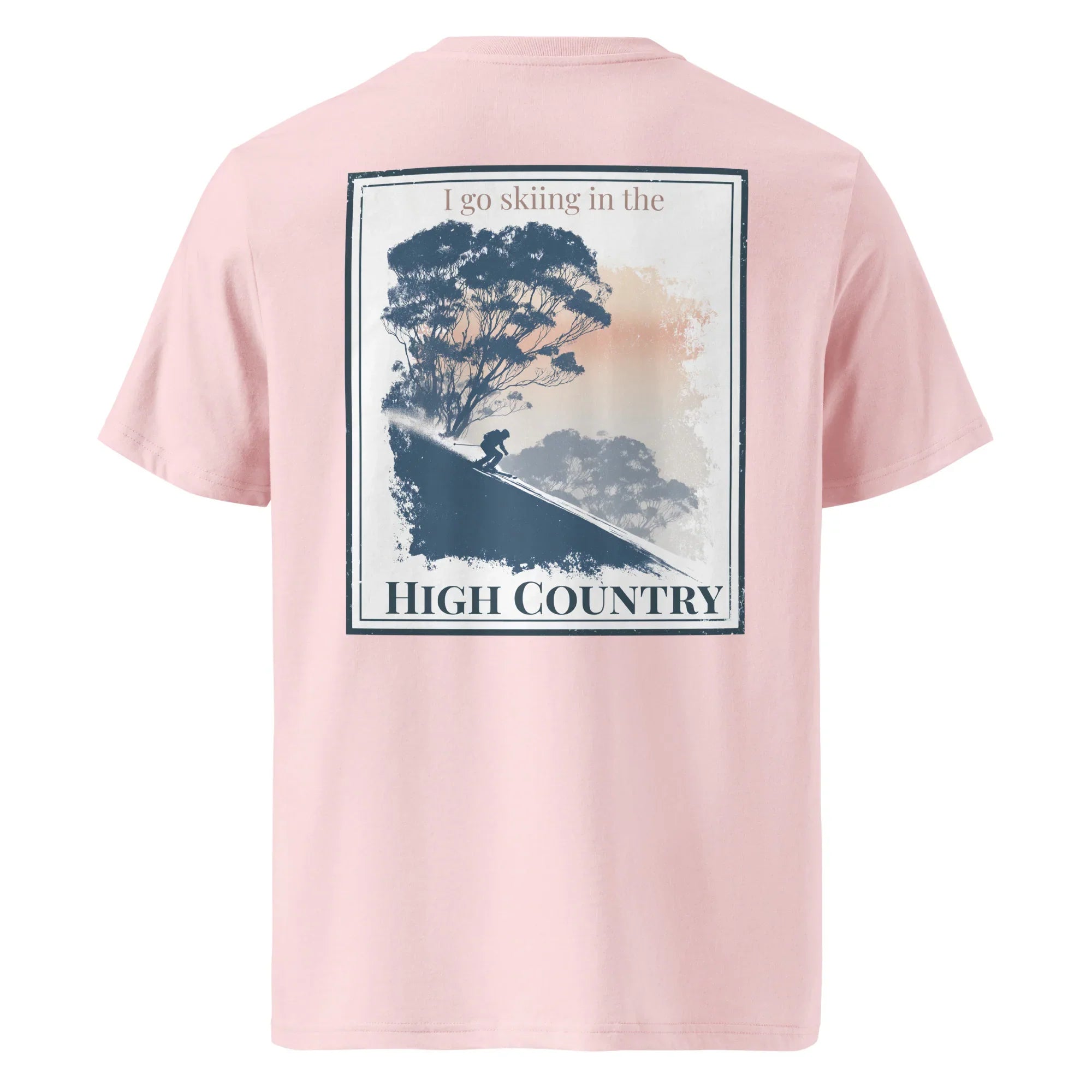 Organic Tee in lavender pink, back print with skier and “High Country” text
