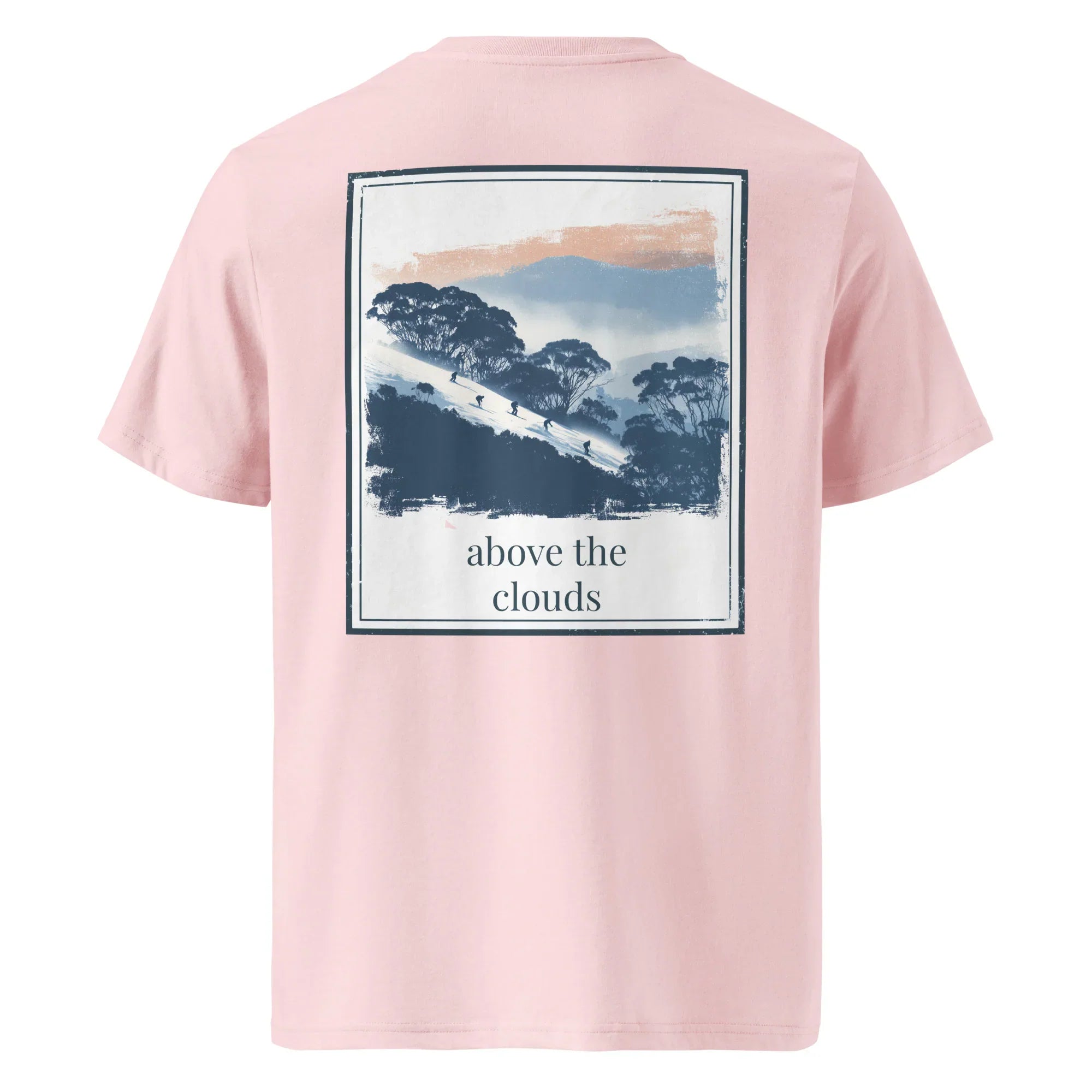 Dusty rose organic T-shirt, back graphic mountains with "above the clouds" text