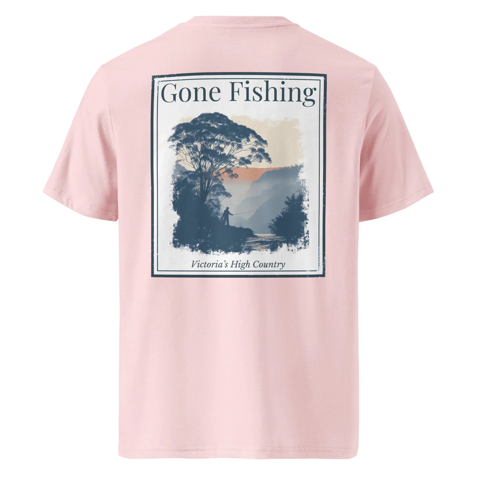 Organic Tee - Gone Fishing, soft pink, large back graphic print