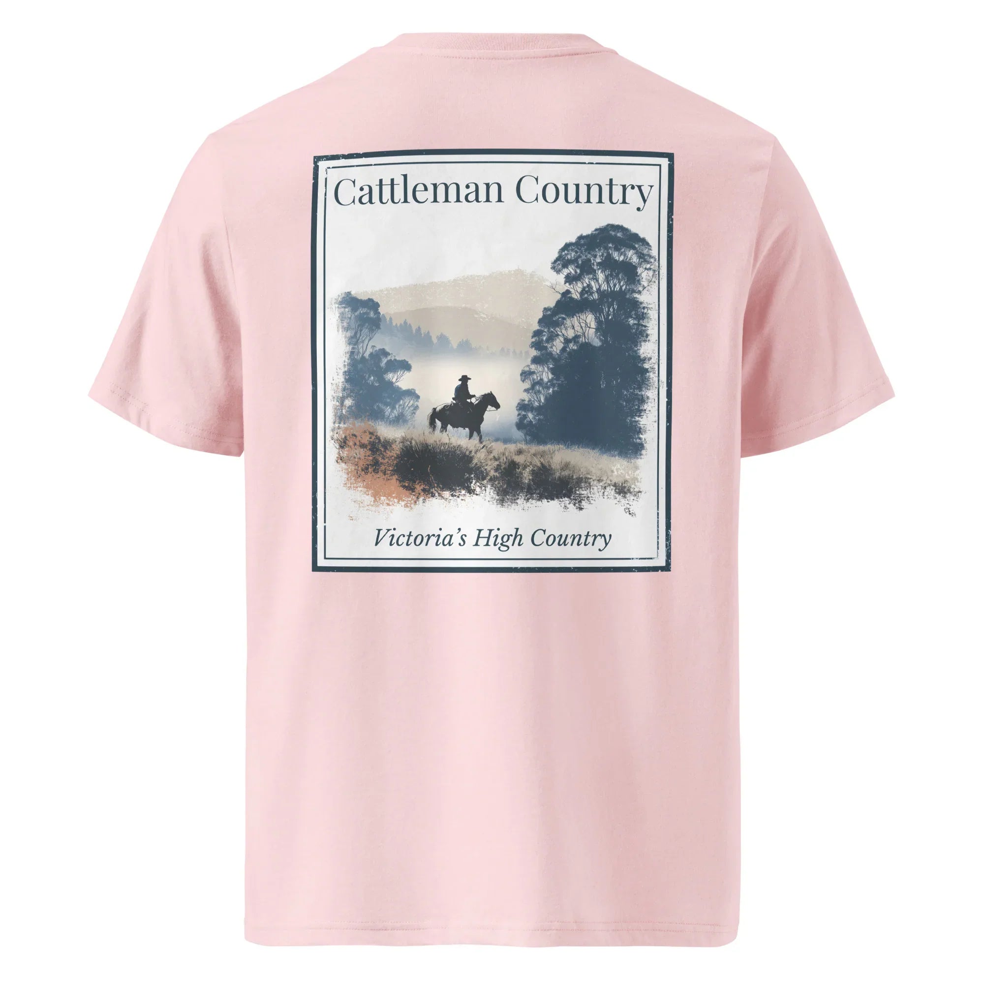 Light pink organic tee, back graphic “Cattleman Country: Victoria's High Country”