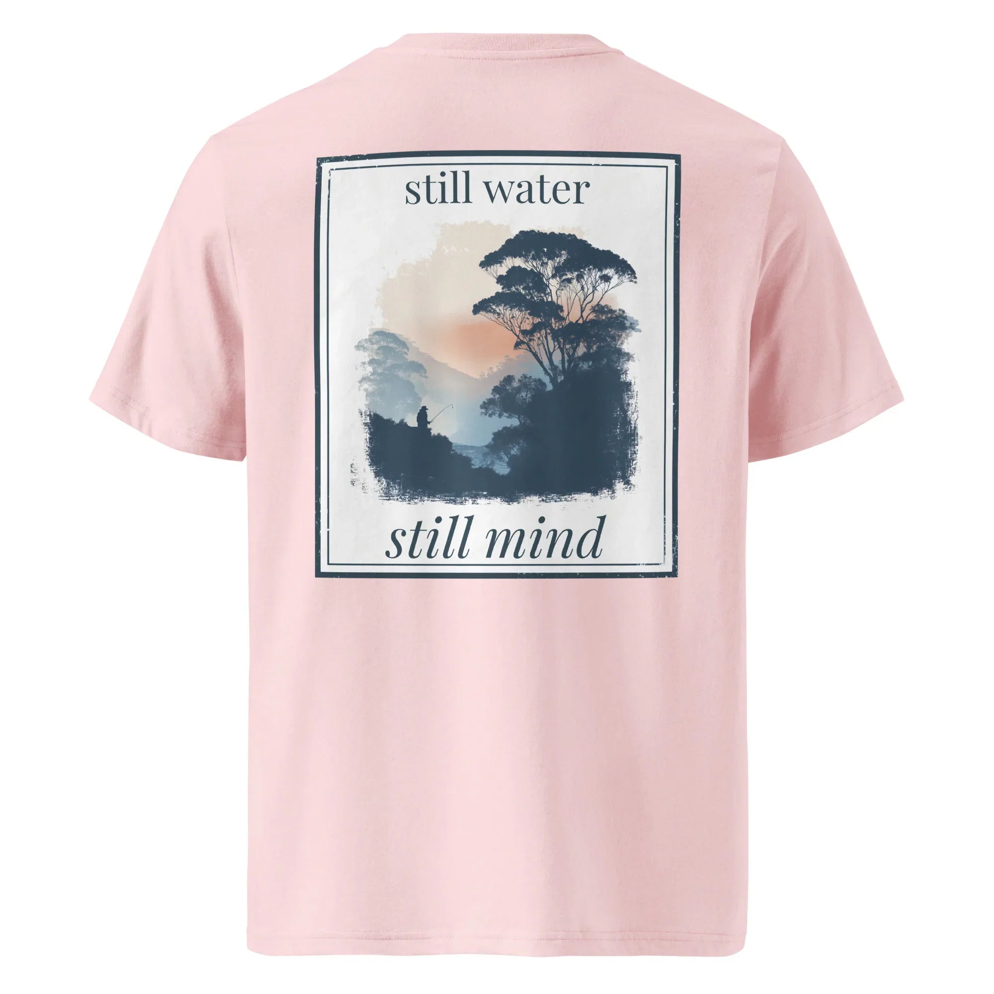 Organic tee in dusty pink with back graphic panel and “still water / still mind” text