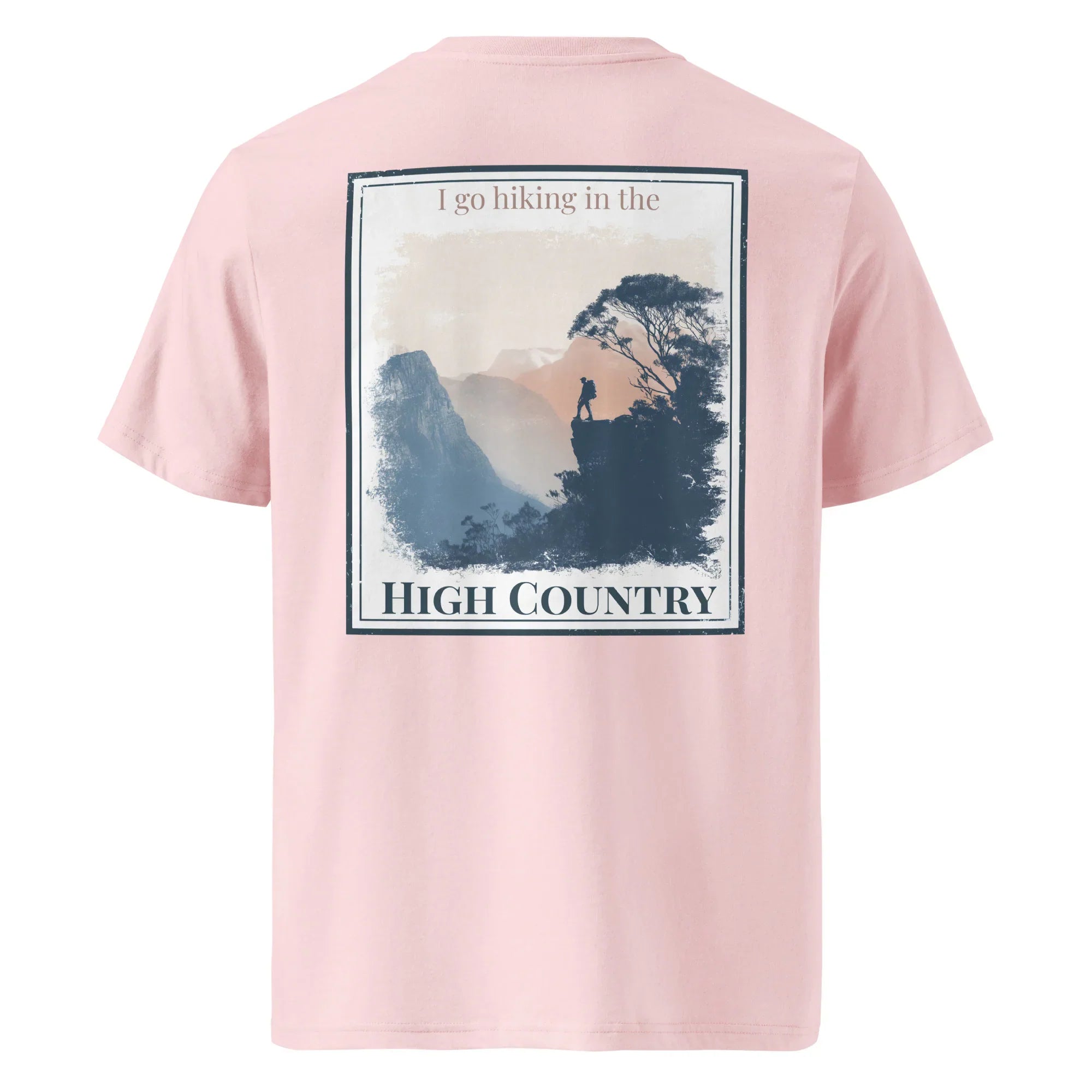 Organic tee, cotton pink—back view with framed “High Country” graphic