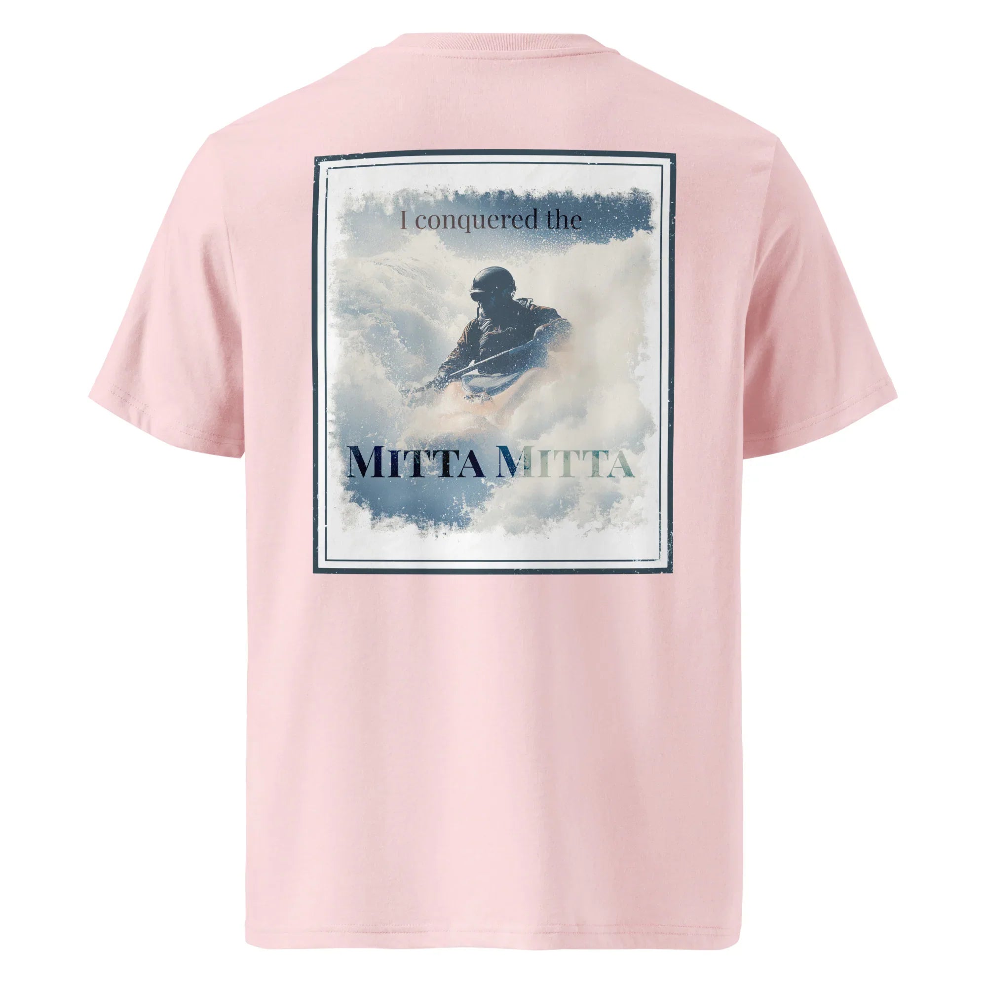 Organic tee (back) in soft pink with large “Mitta Mitta” graphic print
