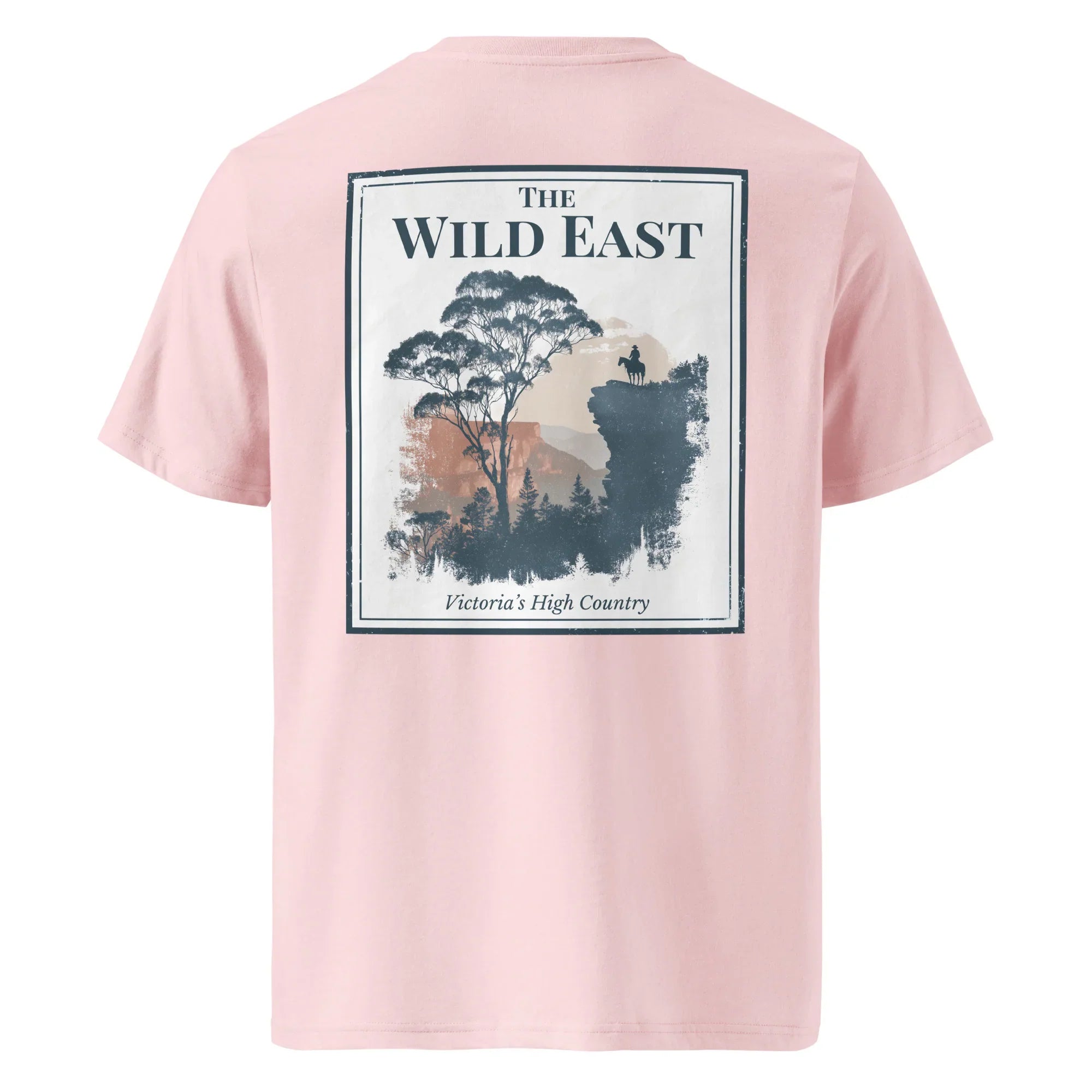 Organic Tee - The Wild East, cotton pink; back print with landscape graphic.