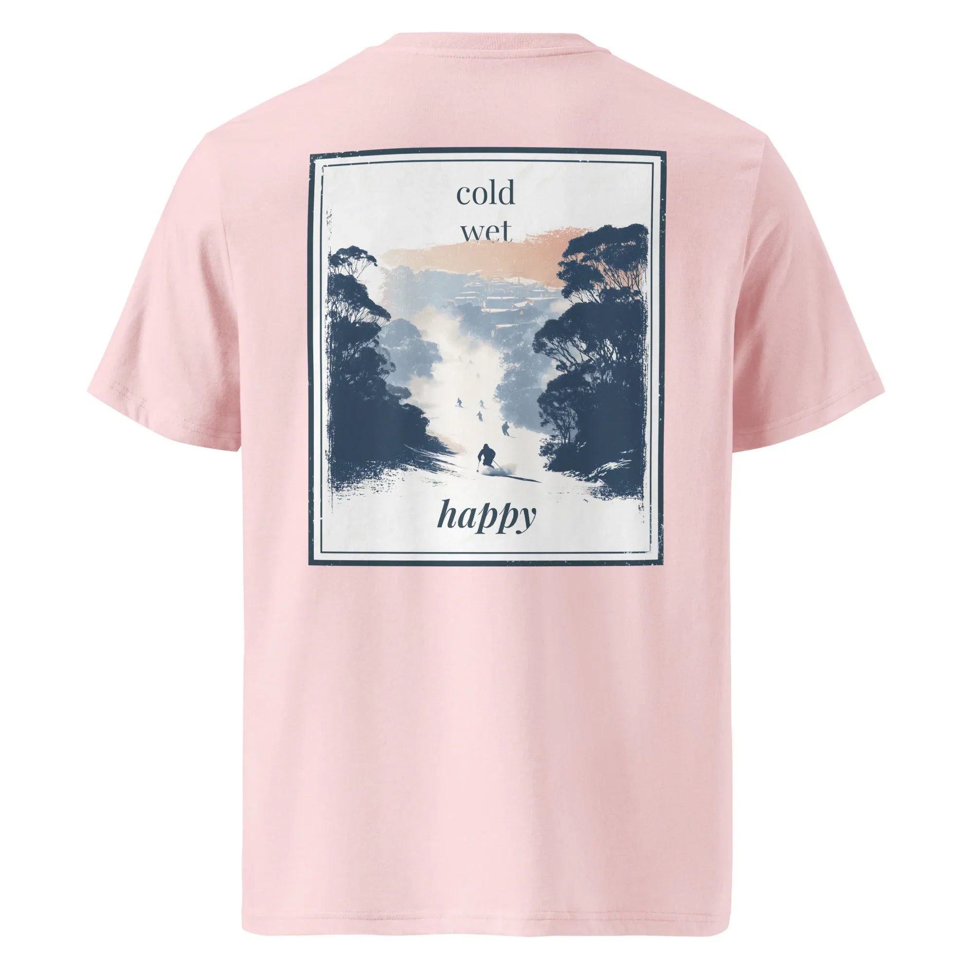 Organic tee in soft pink, back print 'cold wet happy' framed landscape graphic
