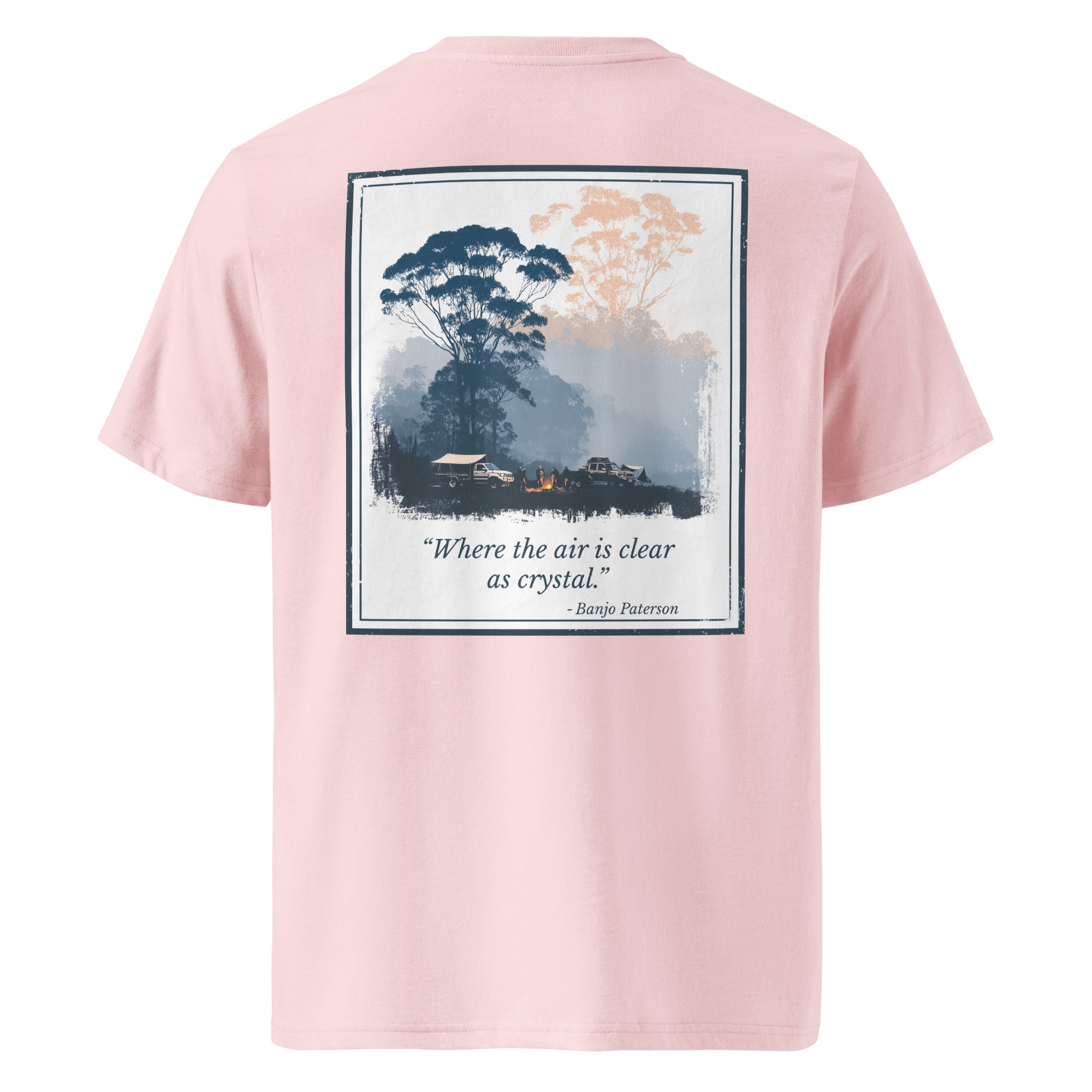 Pink organic T-shirt with square framed landscape graphic and 'Where the air is clear' text