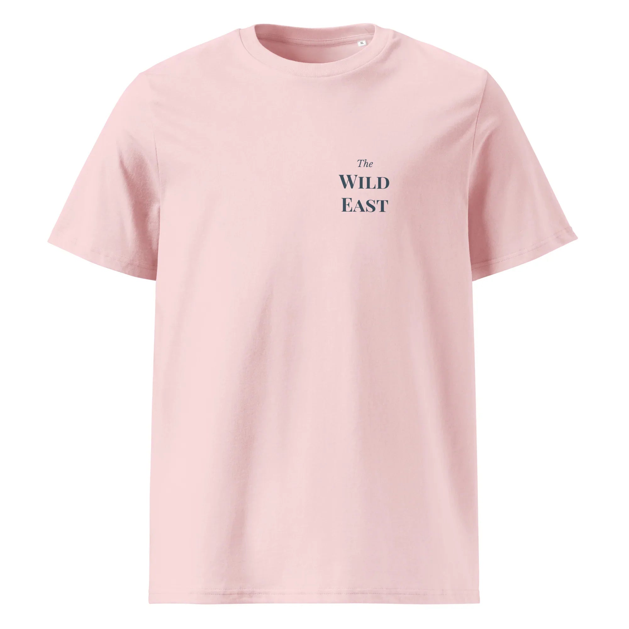 Organic tee (light pink), front “The Wild East” small text logo