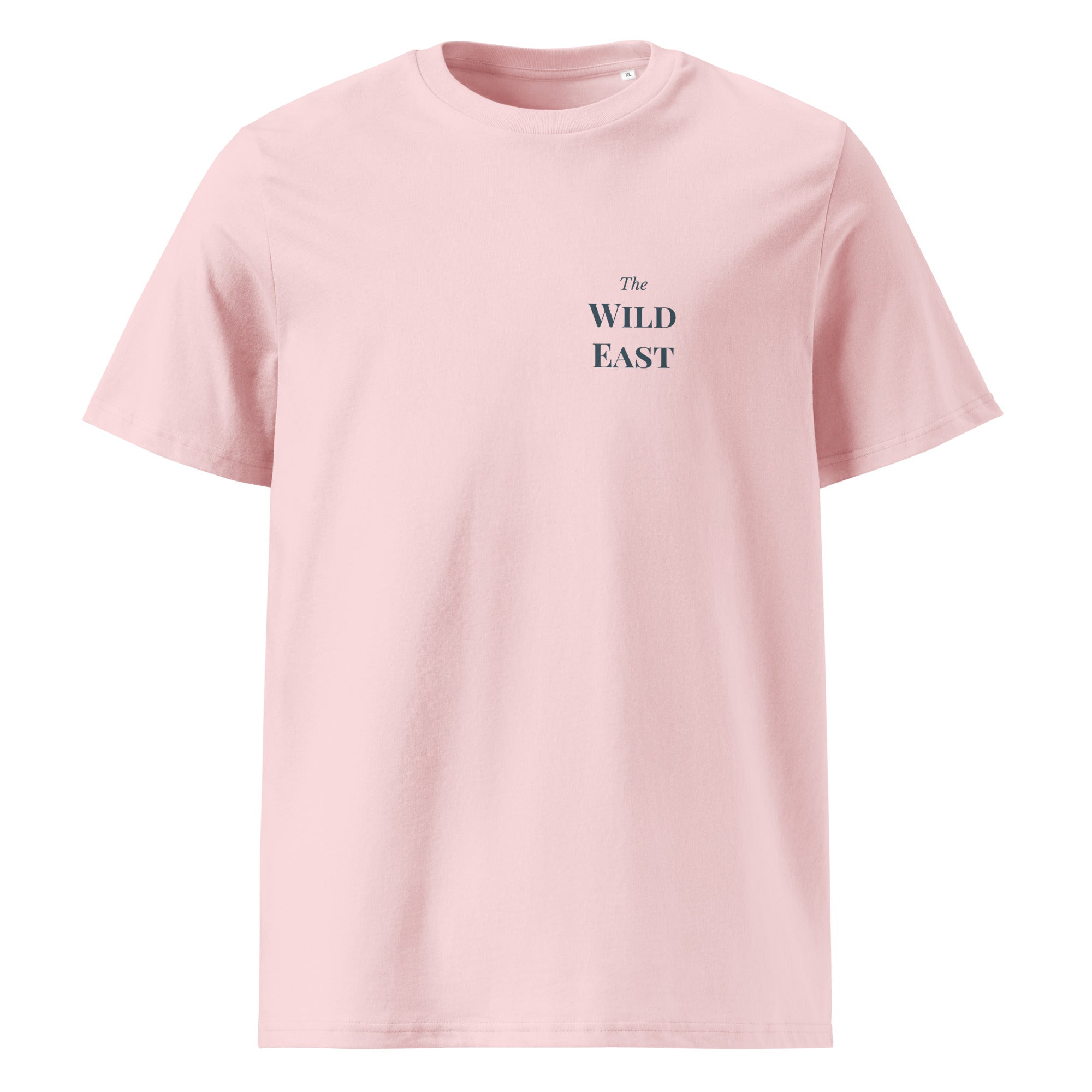 Organic tee in pink with small front logo text print