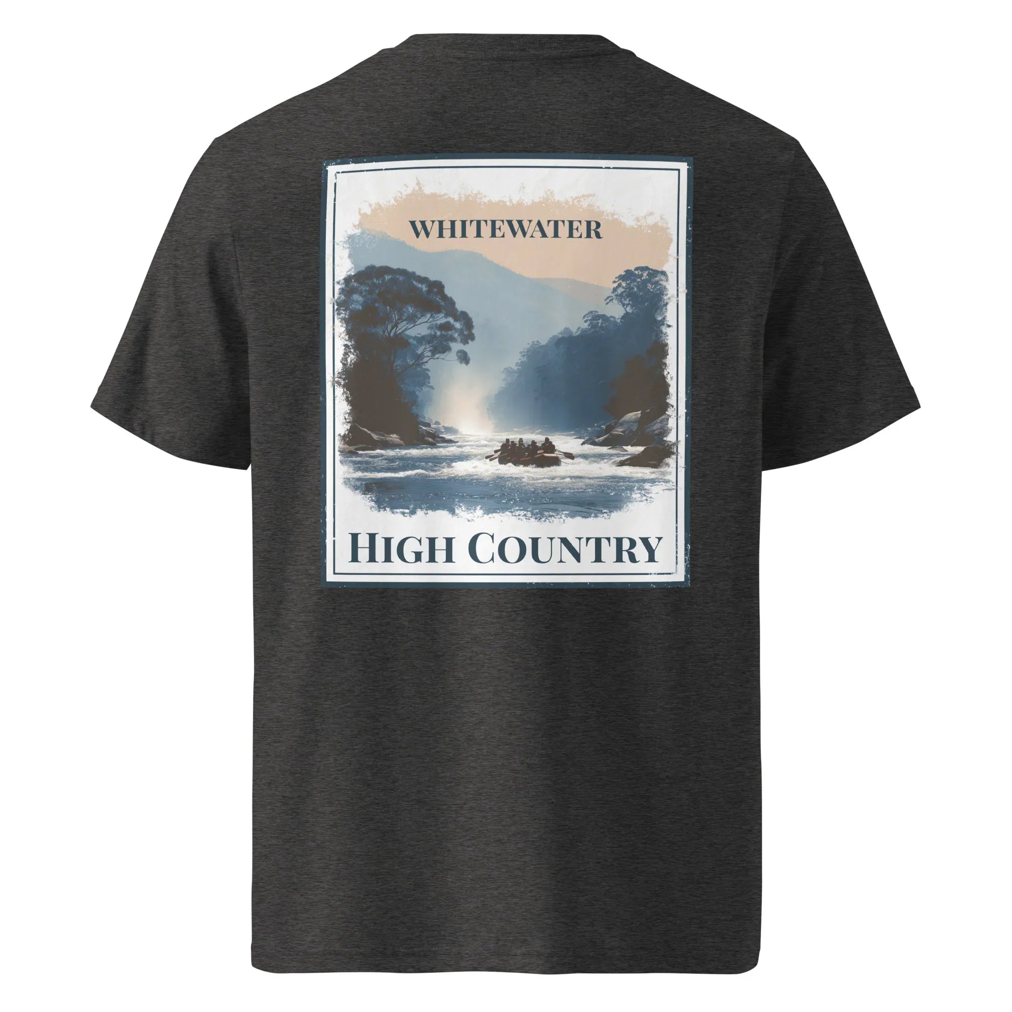 Organic Tee „Whitewater High Country“ in Dark Heather Grey, großer Rückenprint