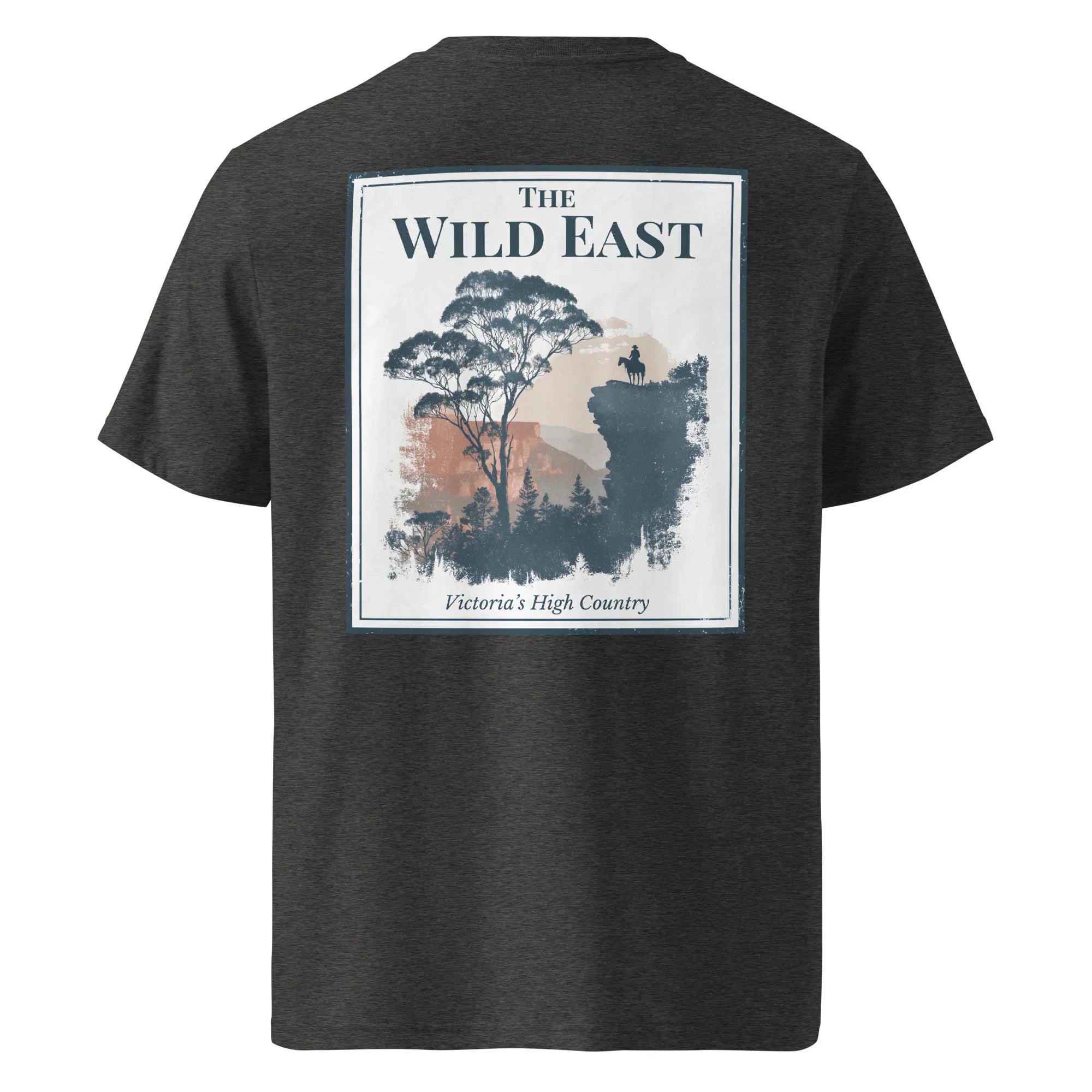 T-shirt organica grigio antracite con stampa grande sul retro: The Wild East