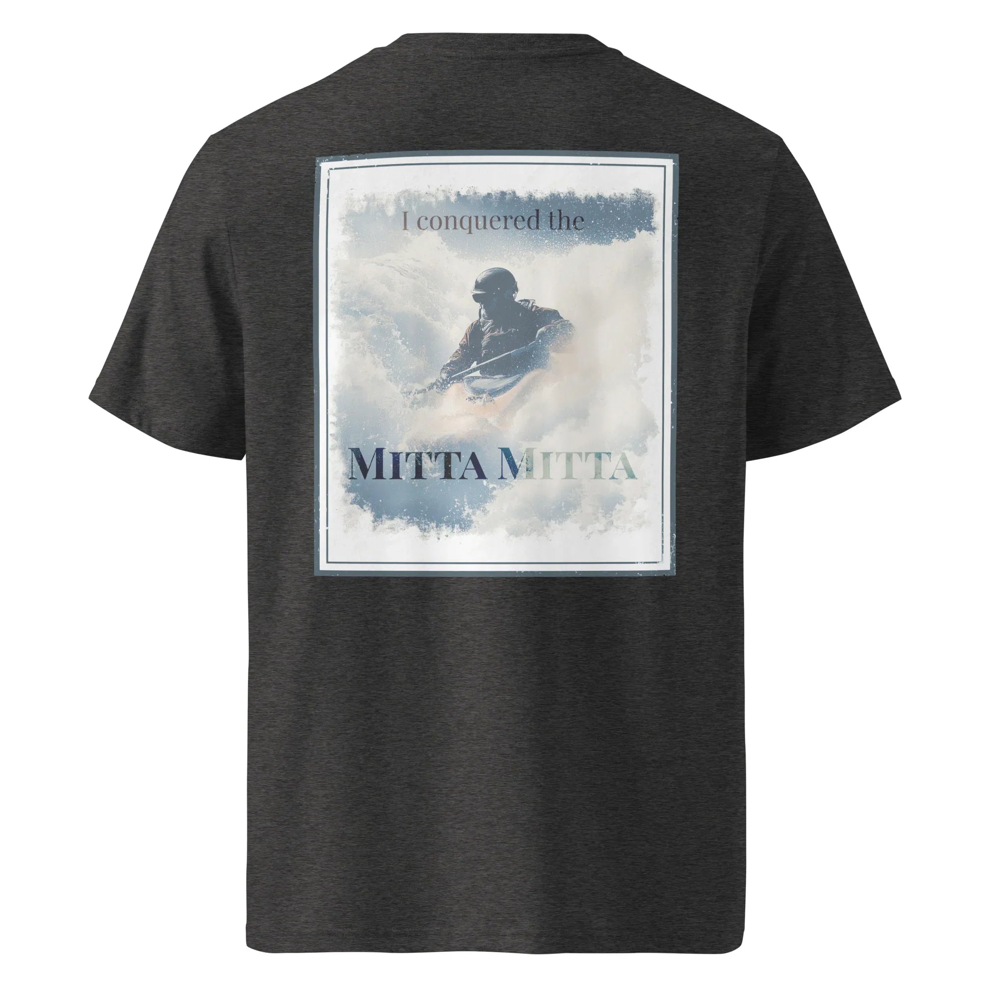 Organic Tee, dark heather grey back graphic with rider and 'Mitta Mitta'