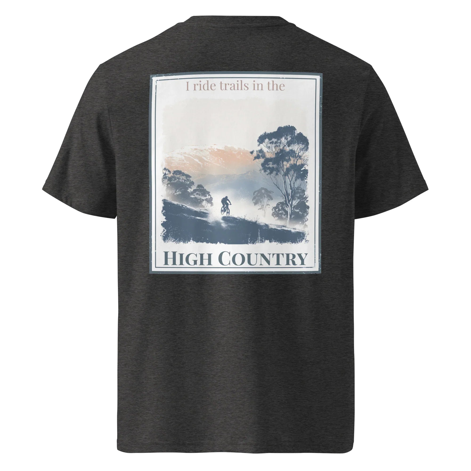 Camiseta gris jaspeada con gráfico trasero “I ride trails… HIGH COUNTRY”
