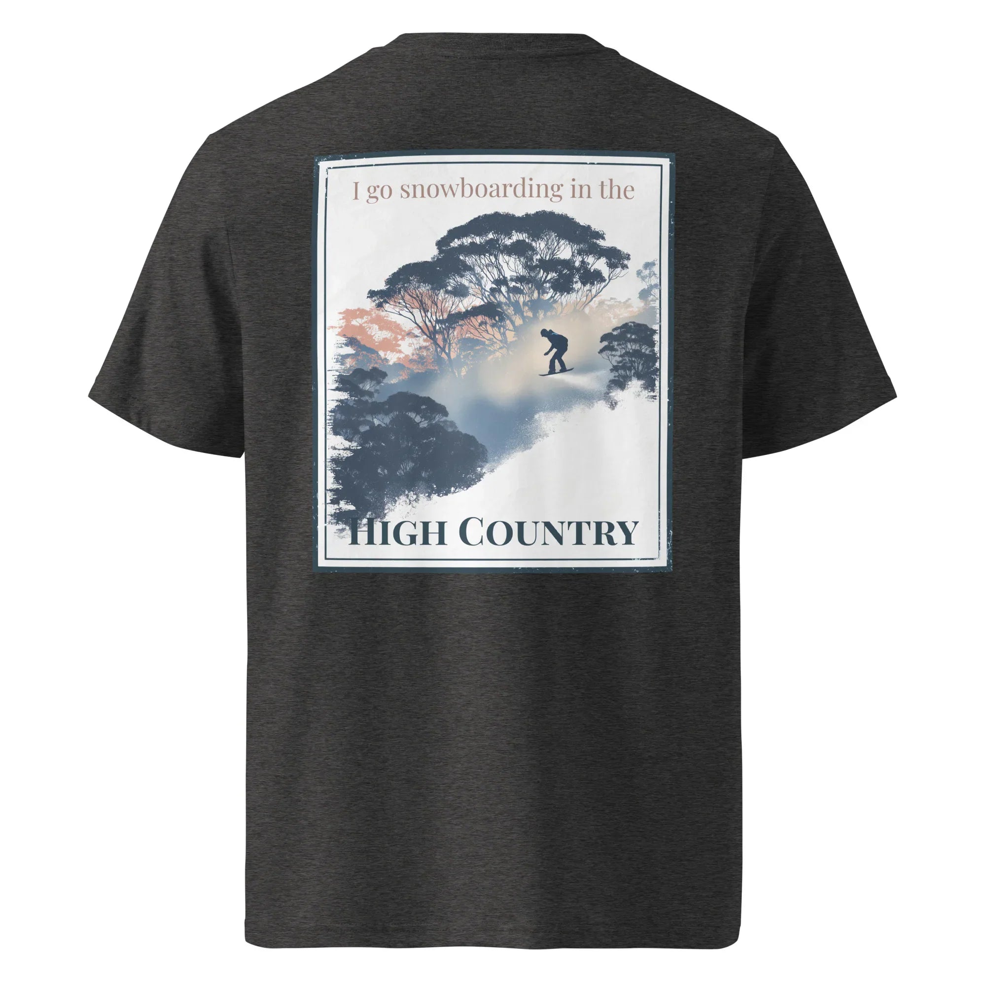 Anthracite organic tee with back 'High Country' snowboard graphic