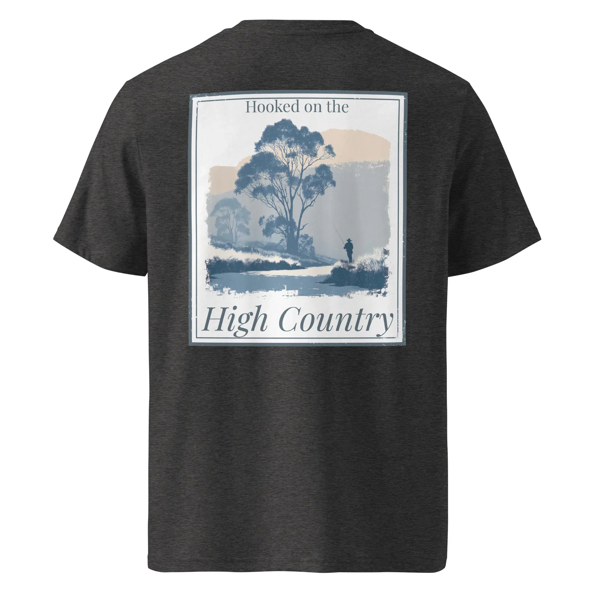 Dark heather grey organic tee with back “High Country” landscape graphic
