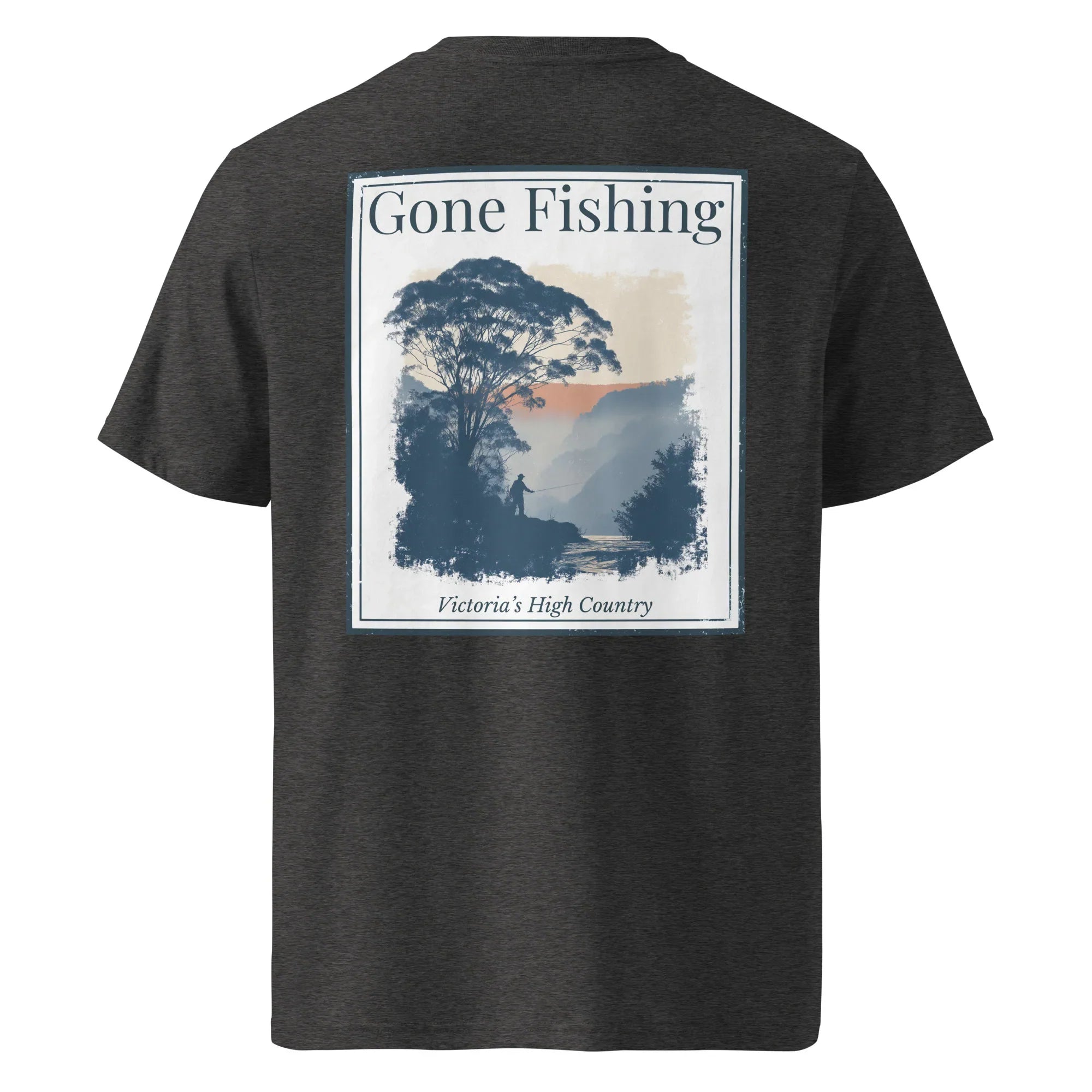 Dunkelgraues meliertes T-Shirt mit „Gone Fishing“-Druck auf dem Rücken
