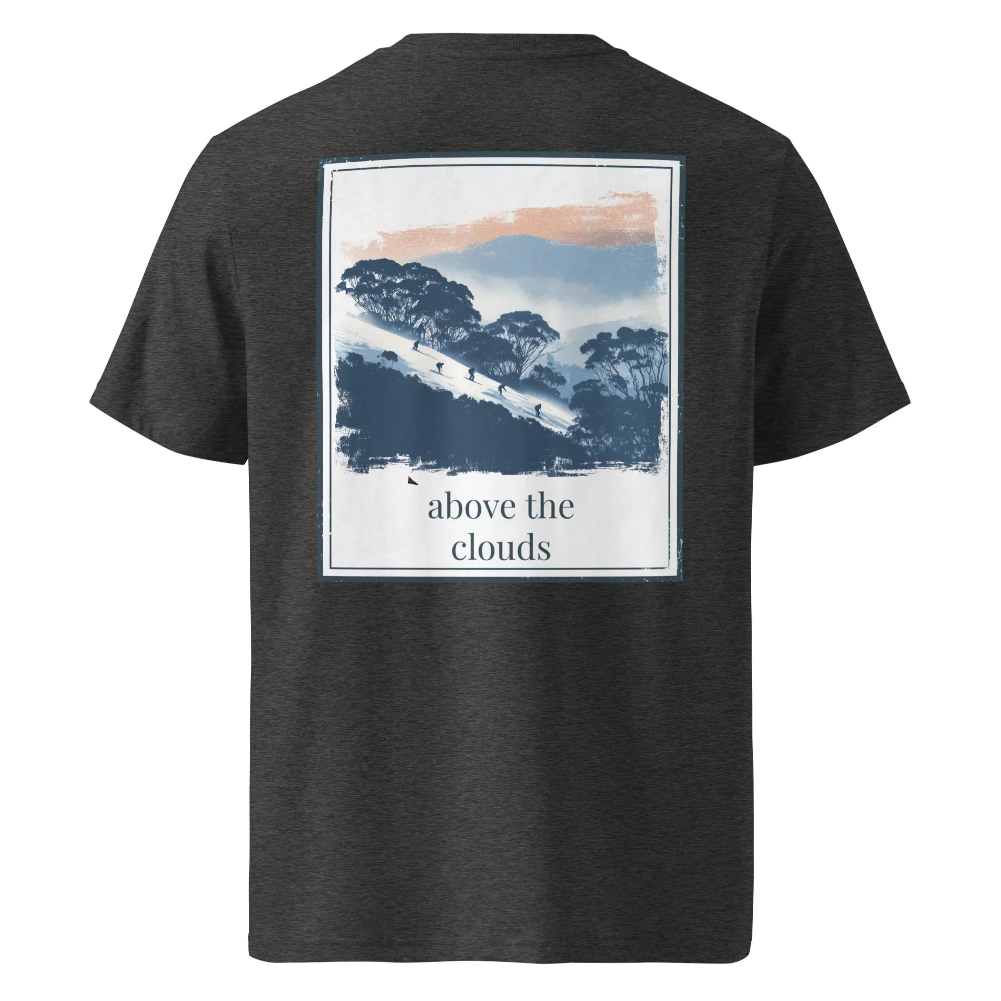 Dark heather grey organic tee with back square landscape graphic and “above the clouds”