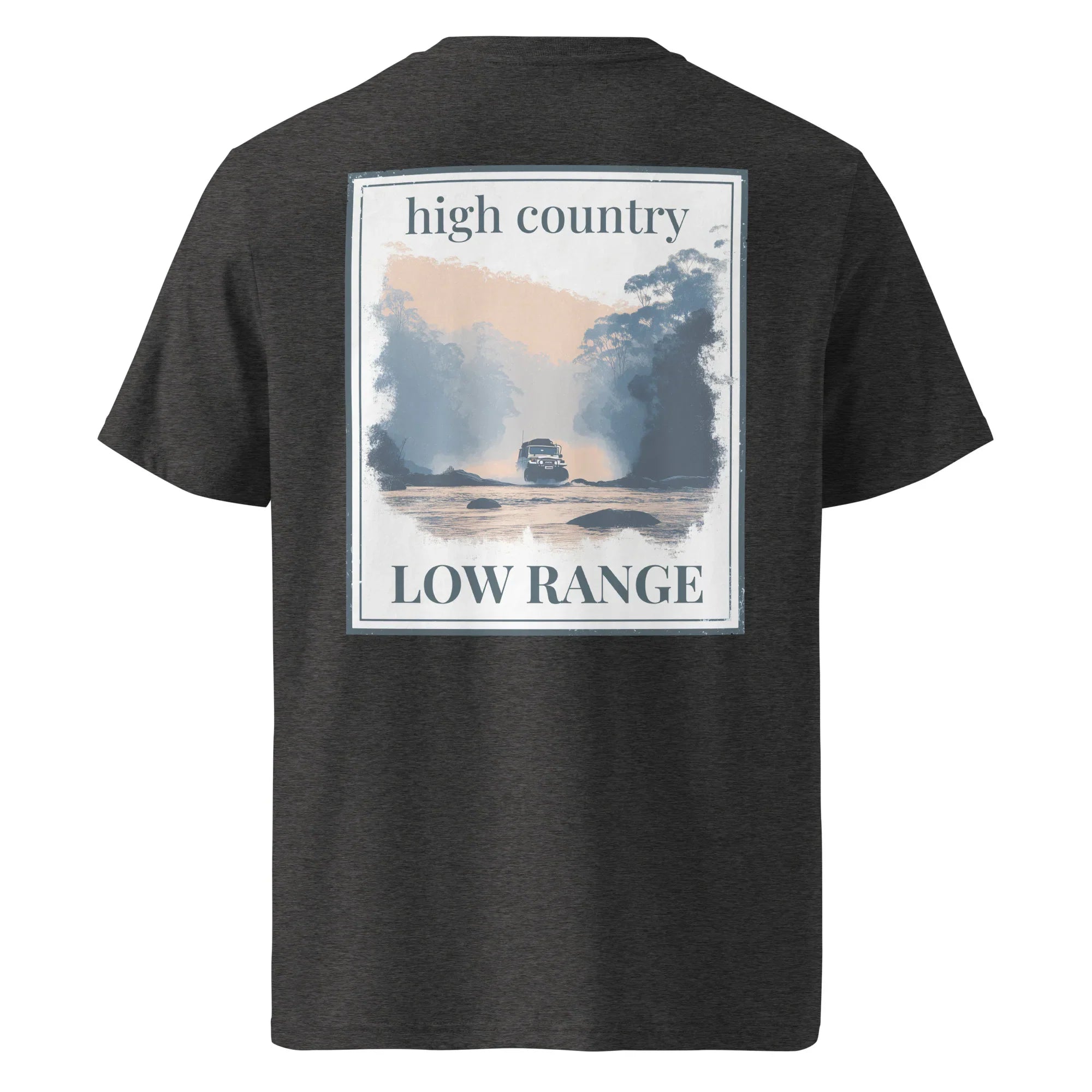 Organic Tee in Dark Heather Grey, back graphic print with “high country” and “LOW RANGE”